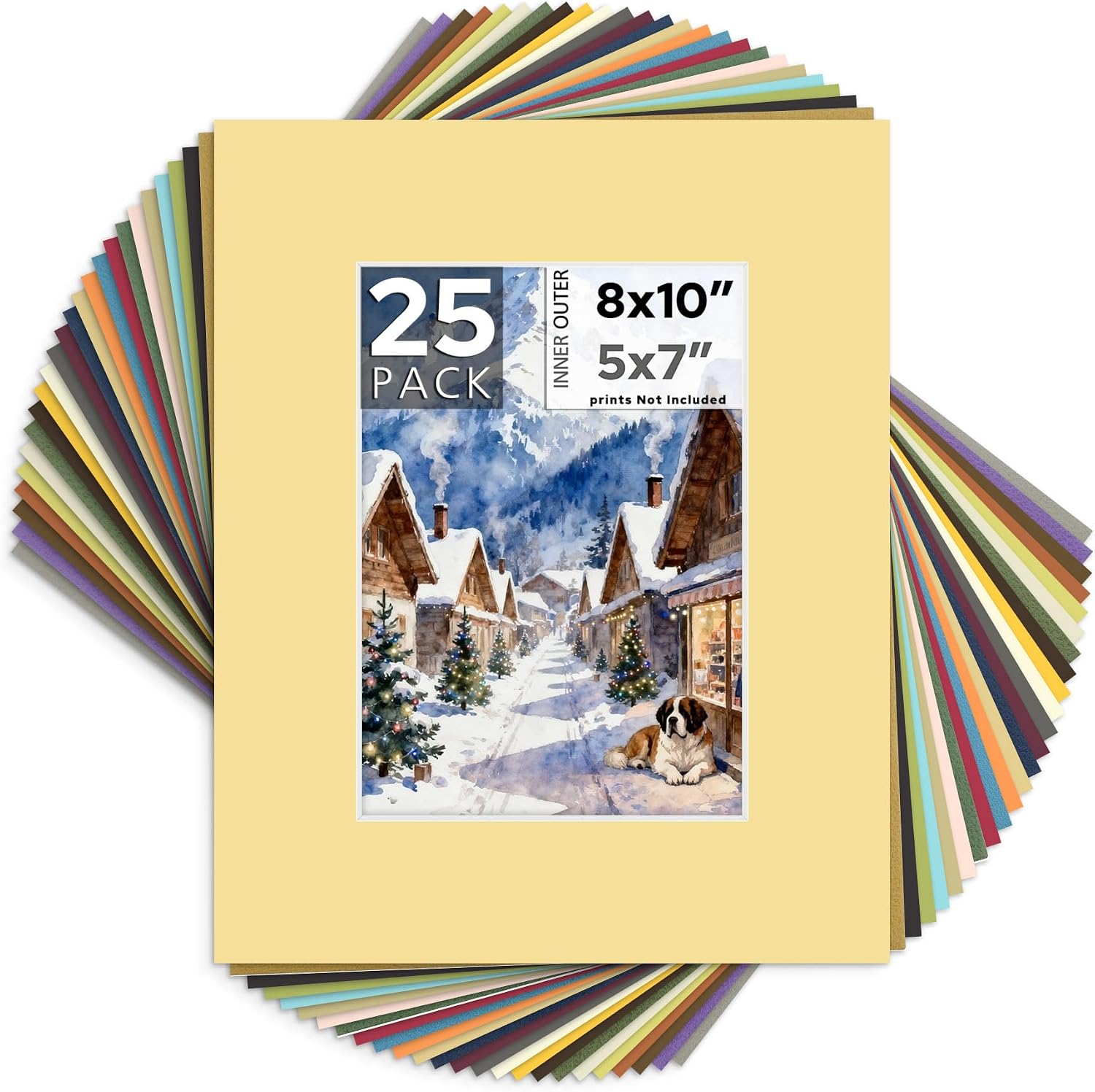 Mat Board Center, Pack of 25, 8x10 for 5x7 Mixed Color Mats - Acid Free, 4-ply Thickness, White Core - for Pictures, Photos, Framing