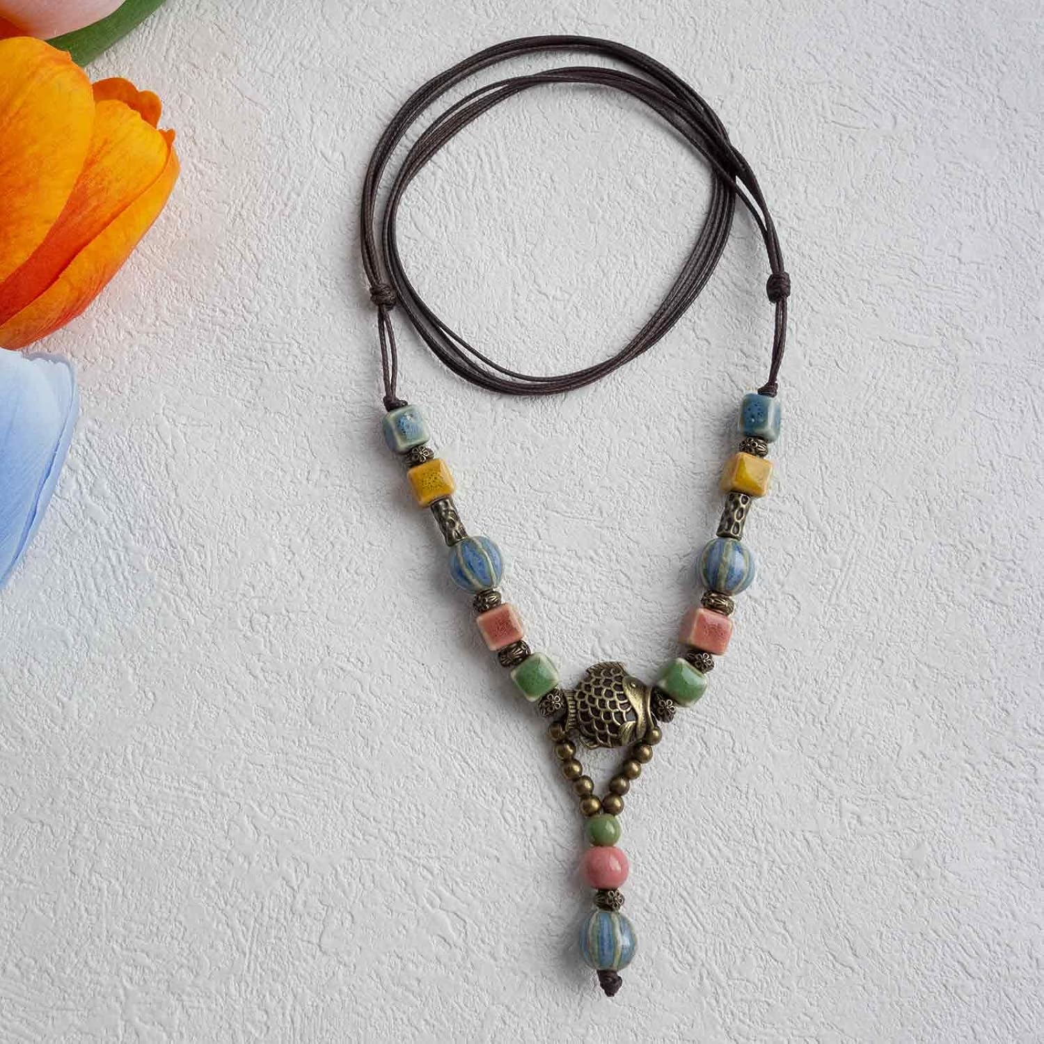 Adjustable Ceramic Beaded Necklace for Women, Boho Handmade Flower Pendant Necklace, Hippie Jewelry for Mom and Wife - Image 7