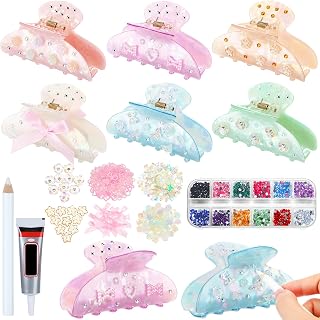 Suncalla 6 Set DIY Hair Claw Clips Kit Acrylic Claw Clip with Resin Rhinestones Pearls Hair Clips with Strong Hold Non-Slip Banana Barrettes for Women Party Supplies for Craft DIY(Classic)