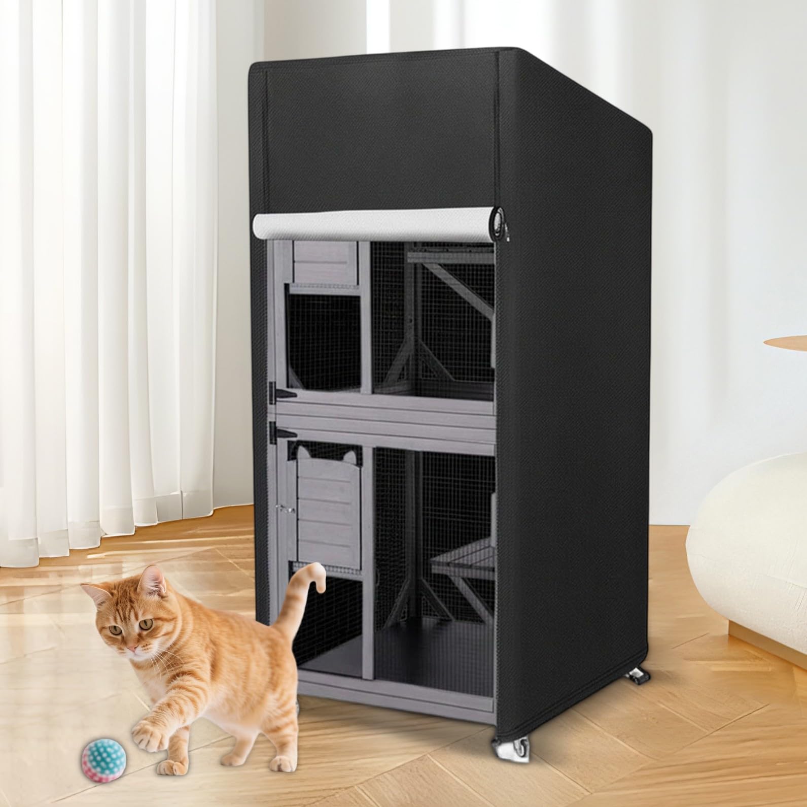 Katzenhaus-Abdeckung, wetterfest, robustes 600D-Oxford-Gewebe für großes Katzenhaus im Freien, 84 x 84 x 180 cm, wasserdicht, winddicht mit Reißverschluss-Tür, Schwarz