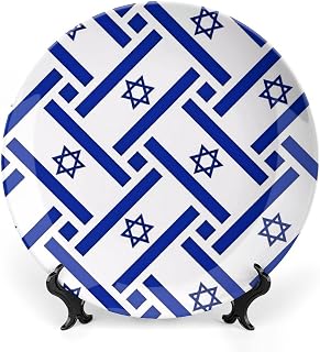 Israeli Flag Printed Bone China Decorative Plate with Display Stand Ceramic Ornaments Plate Home Decor