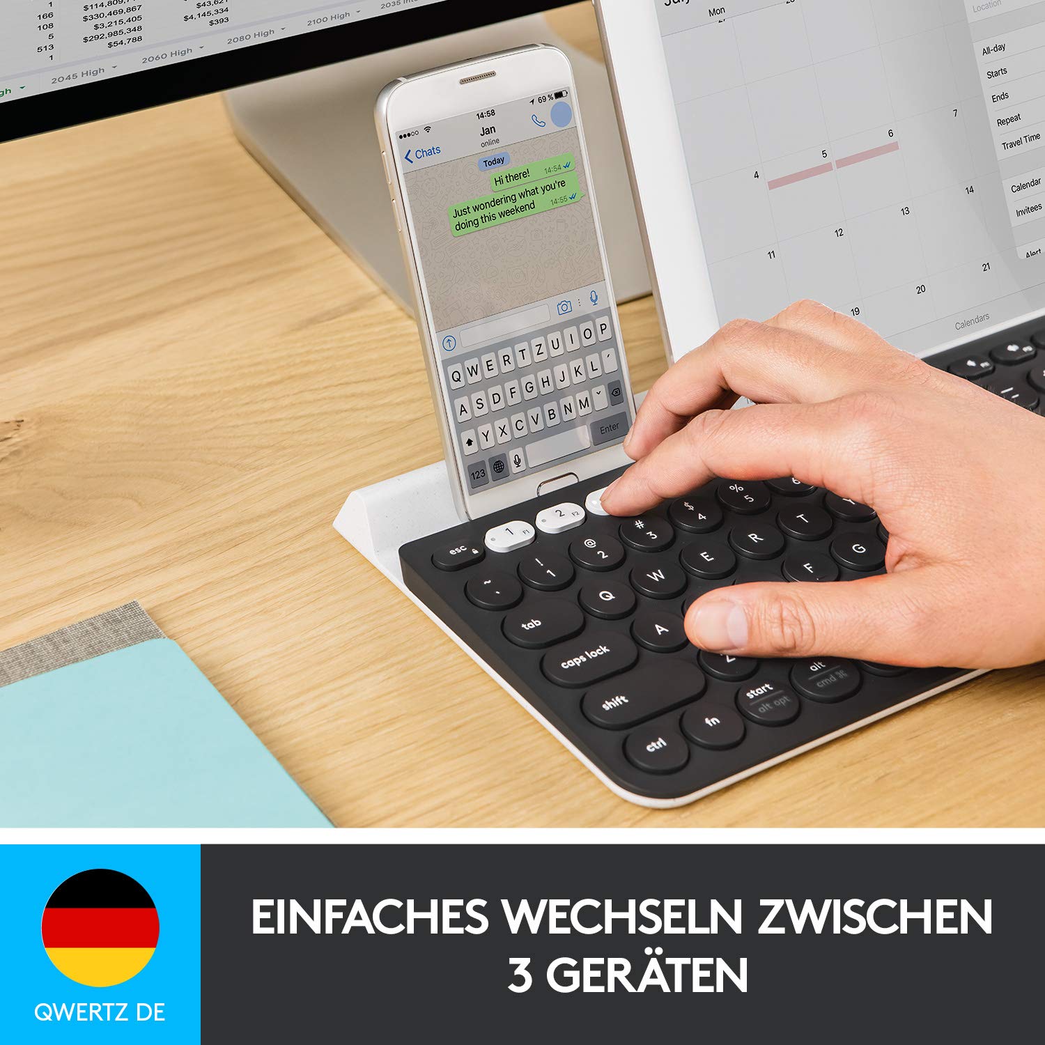 Logitech K780 Kabellose Tastatur, Bluetooth & 2.4 GHz Verbindung, Multi Device & Easy-Switch Feature, Integrierte Halterung, PC/Mac/Tablet/Smartphone, Deutsches QWERTZ-Layout - Dunkelgrau/Weiß