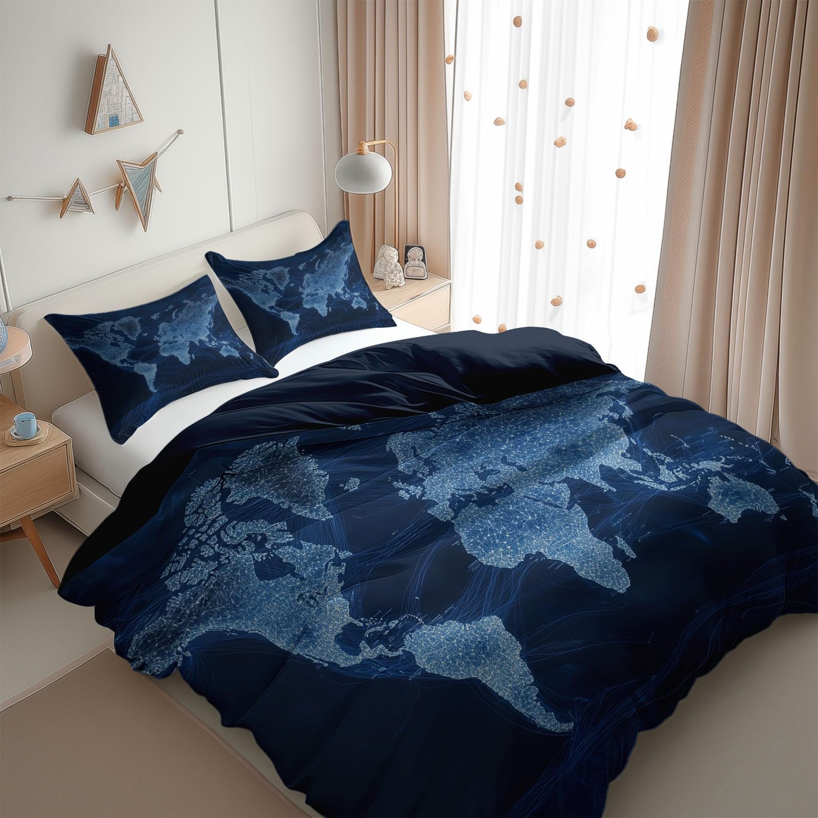 Blue Bedding Duvet Cover Oversized King Size World Map Icon, Super Soft Duvet Cover Set Lightweight Soft Hypoallergenic Reversible Bedding for Adult Teen