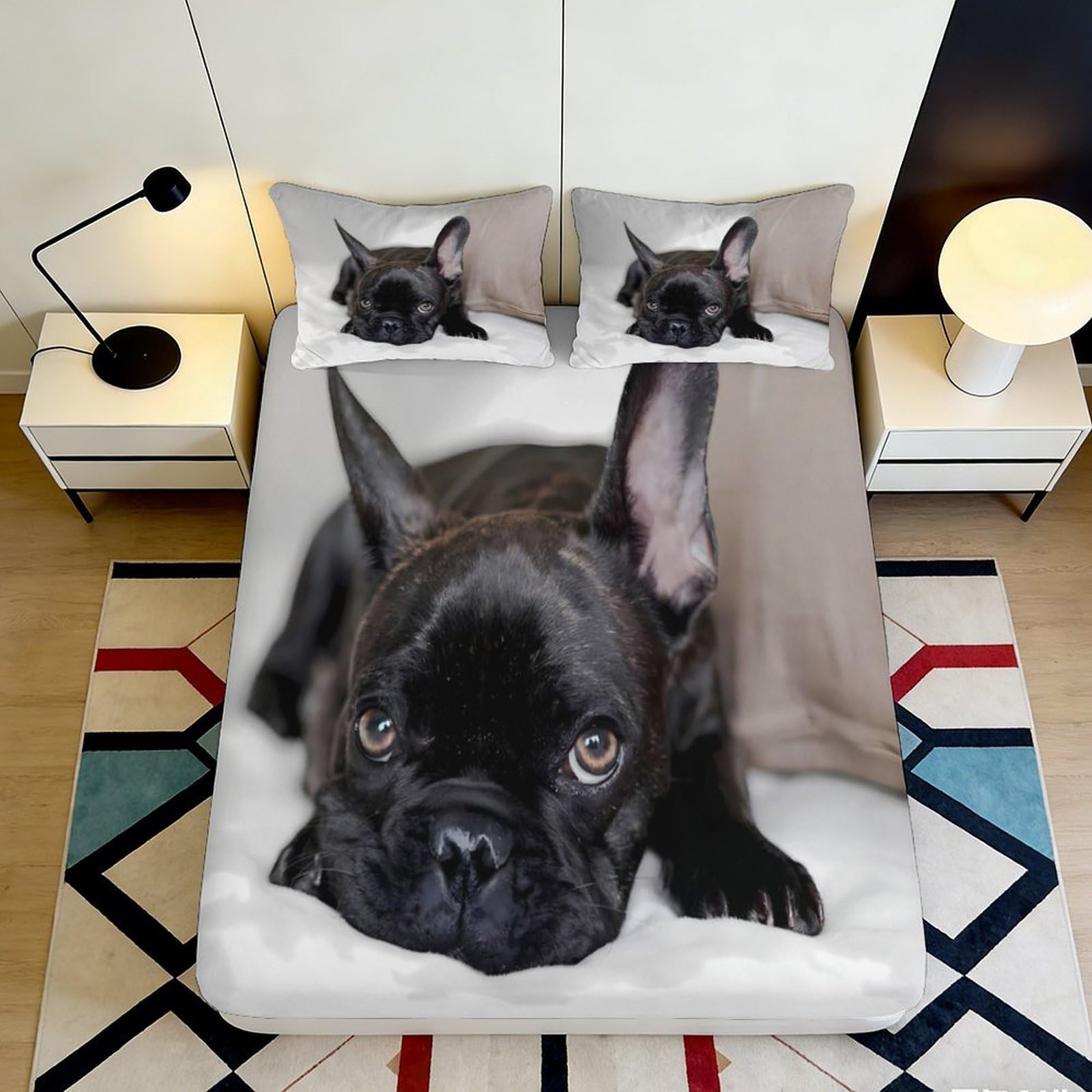 3D Printed Black French Bulldog Fitted Sheet Microfiber Bedroom Decor Dog Pattern Mattress Cover for Home Guest Room Dorm 90x200x25cm