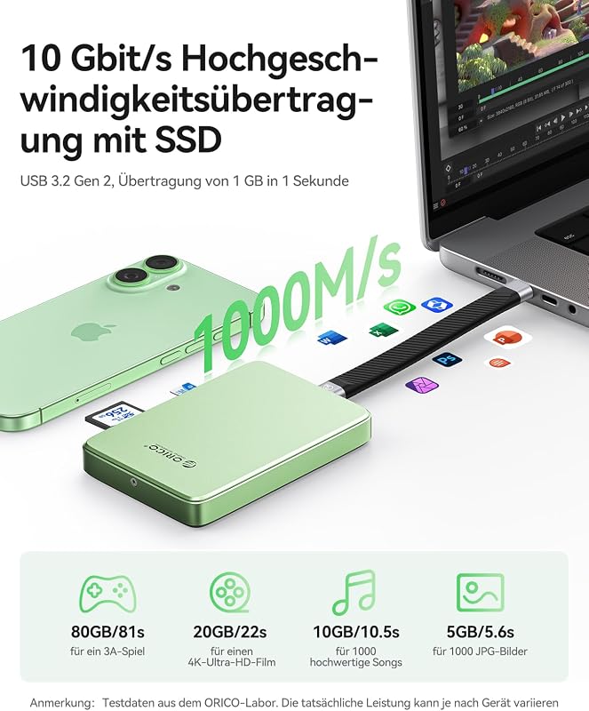 Carcasă ORICO M.2 NVMe hub 6 în 1, 10 Gbps pentru iPhone 17 16 15 Pro Max Plus ProRes, TF SD card, PD 100W, 2230 2242 2260 2280 B și M M-Key AP80F-BK
