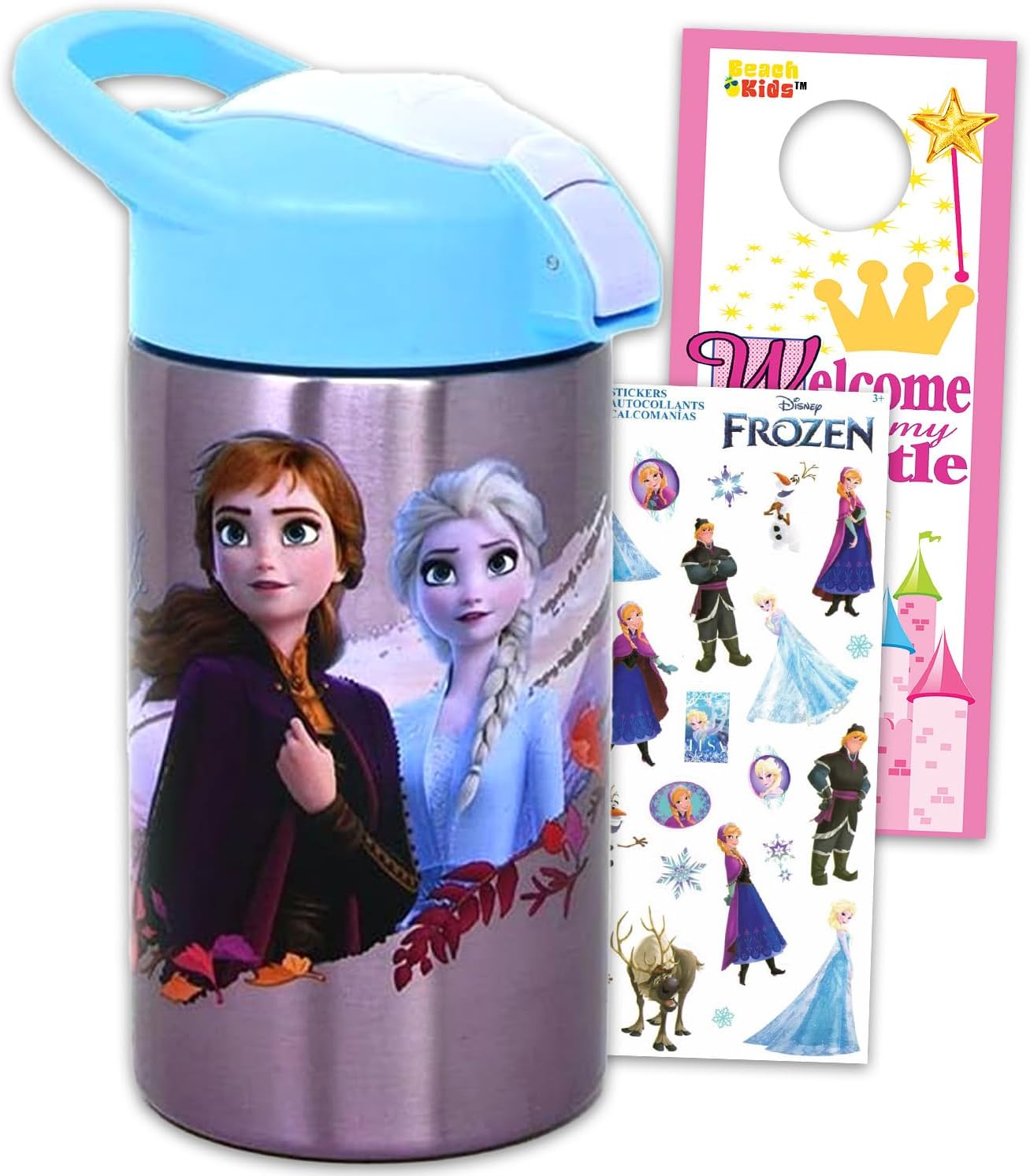 Disney Frozen 15.5oz Water Bottle ~ 3 Pc Bundle with Frozen Stainless Steel Refillable Sports Bottle, Frozen Stickers, and More