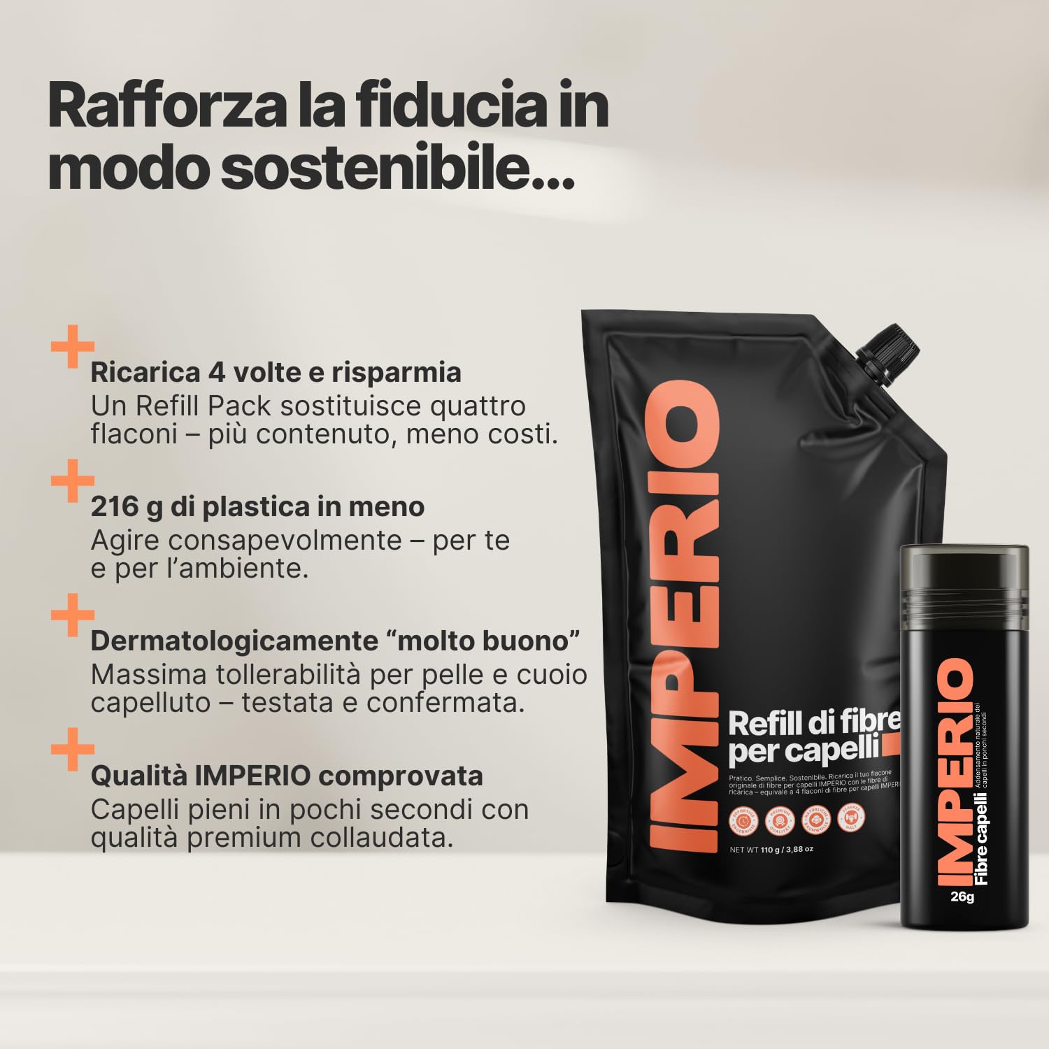 IMPERIO Confezione di Ricarica per Capelli Sparsi - Sacchetto di Ricarica da 110 g con Capelli Premium da Versare - Confezione di Ricarica Sostenibile con Chiusura Pratica - Facile Ricarica della