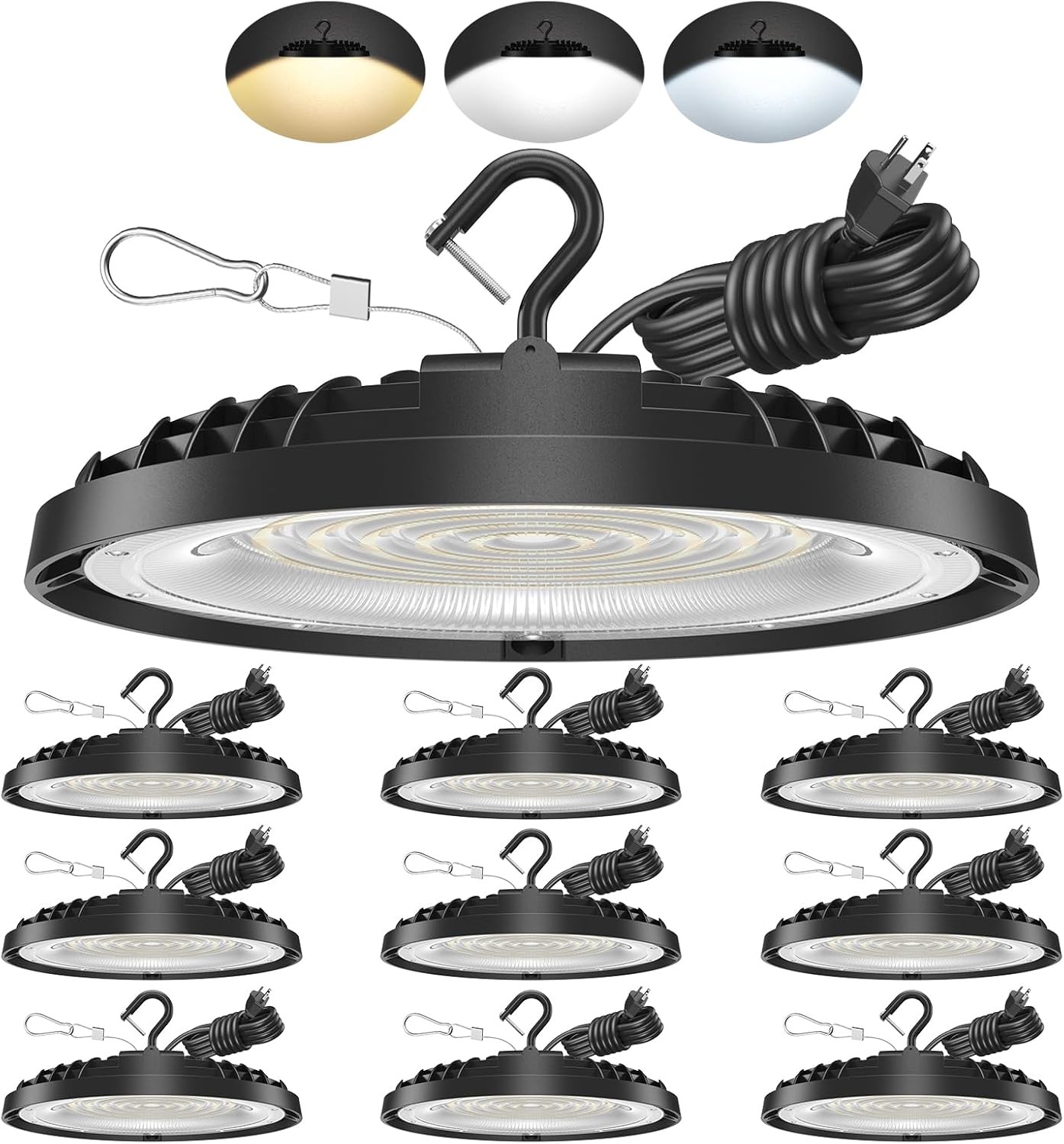 10 Pack 150W UFO LED High Bay Light, Adjustable Wattage 150W/110W/75W, 3-Color Temperature (6500K/5000K/3500K), 21,000LM, 120VAC, Plug & Play LED Shop Lights Fixture for Warehouse, Garage, Factory