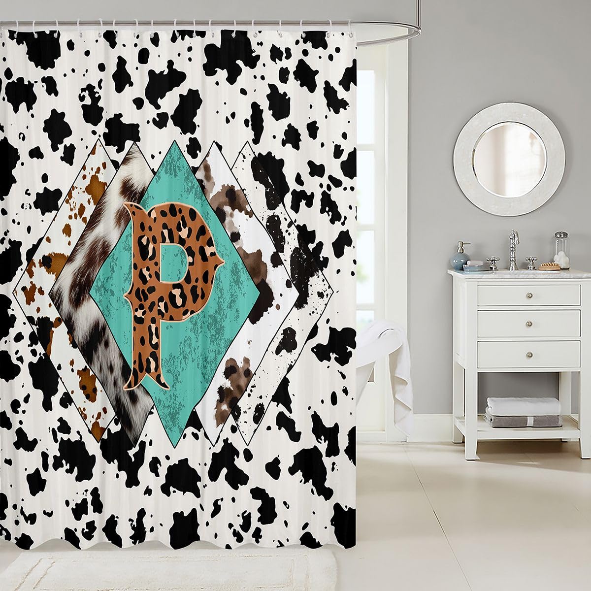 Rideau de douche lettre P taille L léopard monogramme alphabet imprimé cuir de vache rideau de bain pour adultes design rustique rétro rideaux de bain imperméables avec 12 crochets pour baignoire