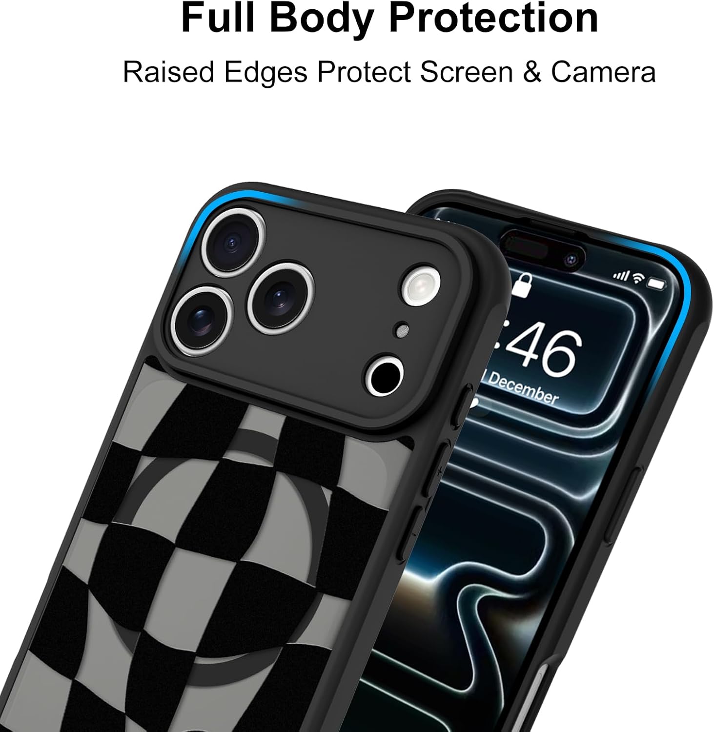 MZELQ Magnetic Case for iPhone 17 Pro Max 6.9 Inch, Clear Checkered [Compatible with Magsafe Charging] Translucent Matte Hard Shockproof Camera Protection Cover for Women Men, Frosted Black