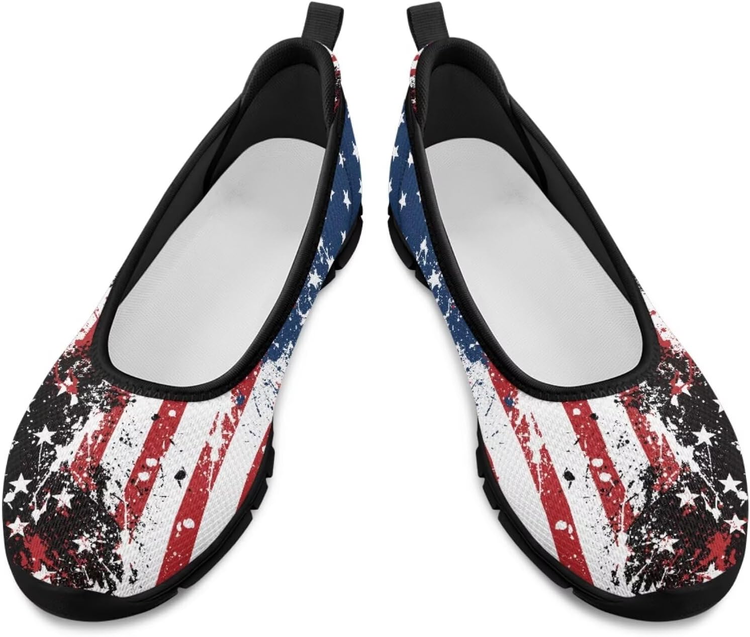 Jeiento Patriotic American Flag Shoes Women's Slip On Sneakers 4th of July Low Cut Walking Running Shoes Comfortable Mesh Tennis Footwear