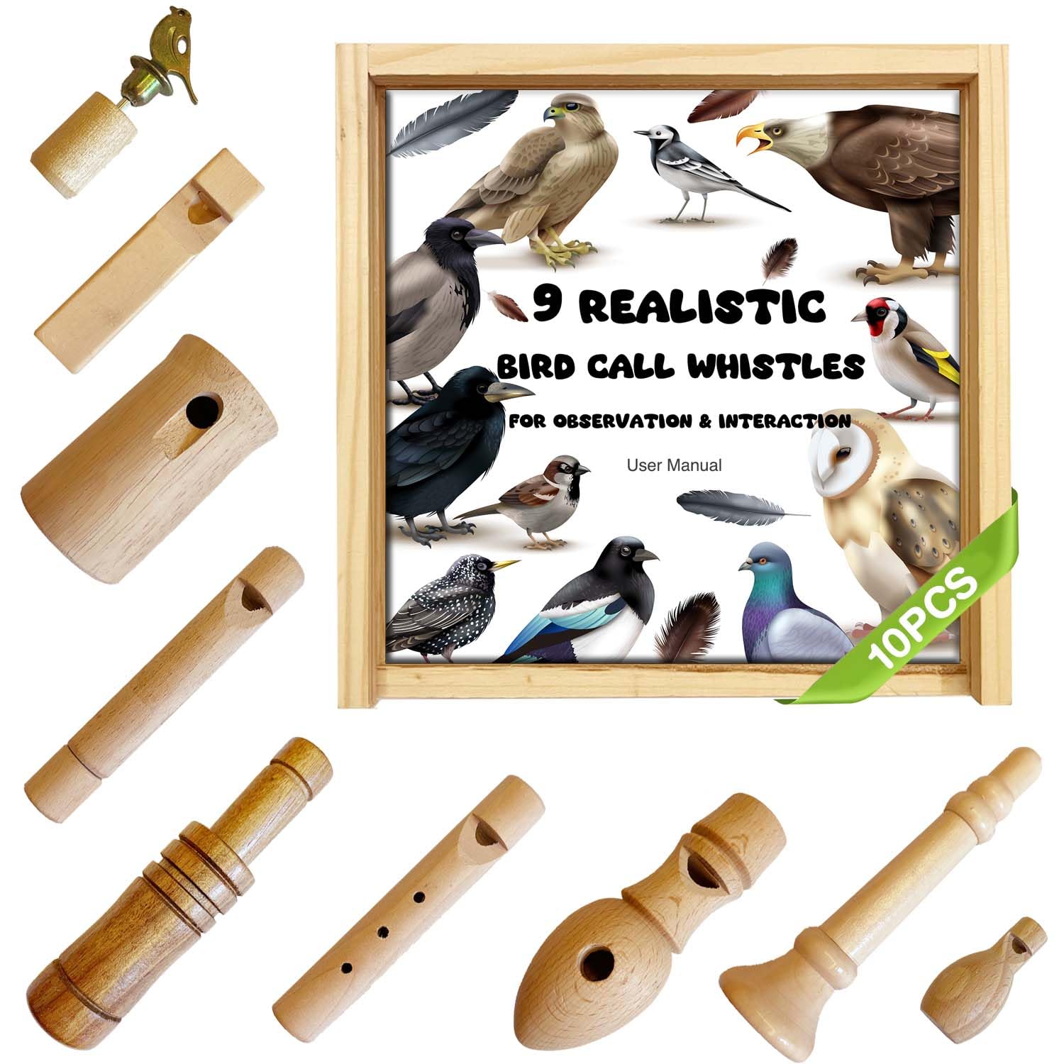 ZDH 9-Piece Wooden Bird Call Set – Handcrafted Bird Whistles in