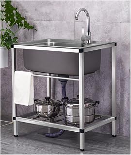 Large Kitchen Sink For Outdoor Indoor, Portable Sink With Faucet, Single Bowl Commercial Sink Freestanding Stainless Steel Bar Sinks For Rental Houses Restaurant (Size : 55x40x75cm)