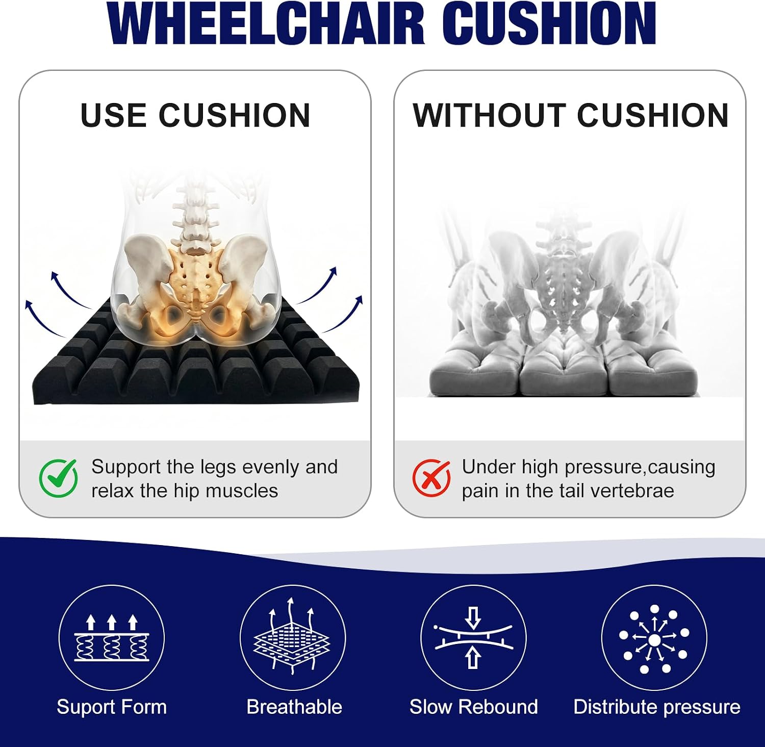 Wheelchair Foam Seat Cushion, Contoured Chair Pad with Cradling Support Design, High Density Foam Cushion for Wheelchair, Office Chair, Car Seat, Black 18.5'x16'x3'