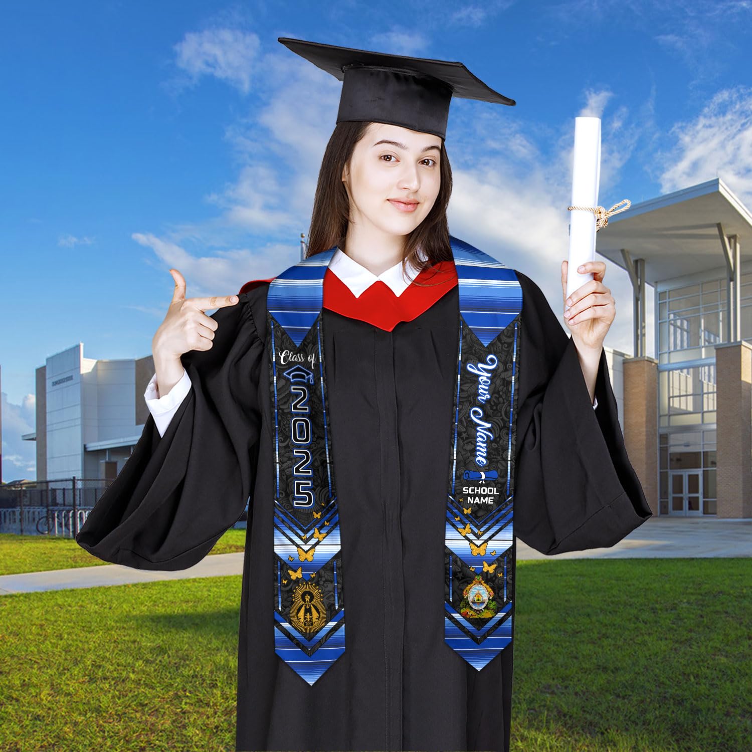 MonkeyVan Personalized Honduran Graduation Stole 2025, Honduras Flag Graduation Sash, Honduran American Flag Grad Stole 2025 Hdr 8