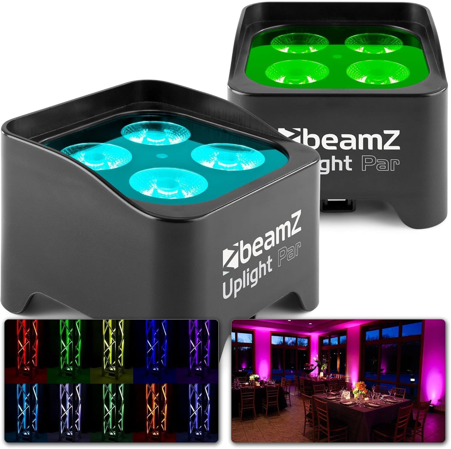 BeamZ BBP90 Uplight LED Par Strahler 4x 4 Watt, bis zu 20h Akku, Bühnenbeleuchtung 2er Set für DJ Pult, Bühnenlicht, DMX-LAN, Partylicht Musikgesteuert, Bühnenequipment, mit Fernbedienung