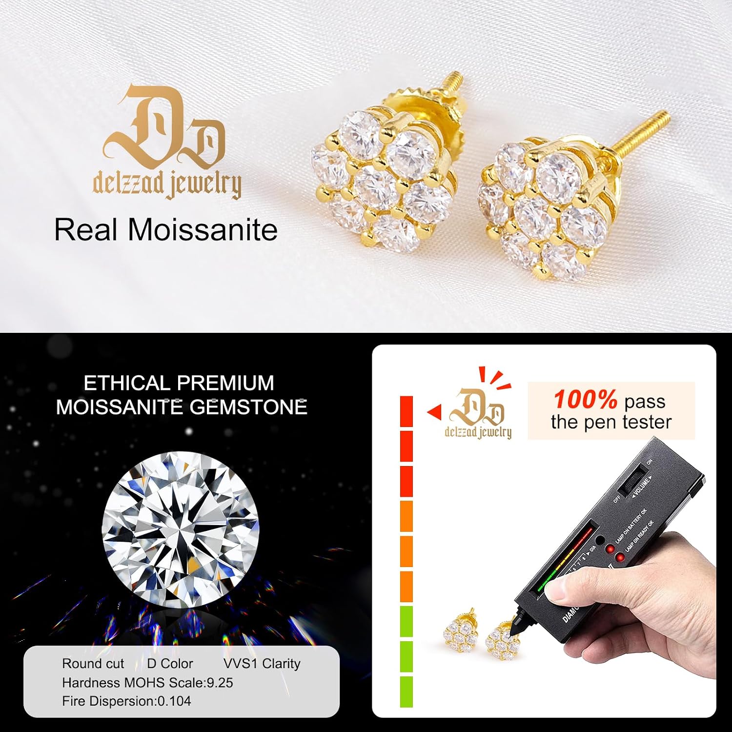 Moissanite Earrings for Men, Sterling Silver S925 Flower Cluster Stud Earrings Hypoallergenic Earrings for Women, 7-Stone Design