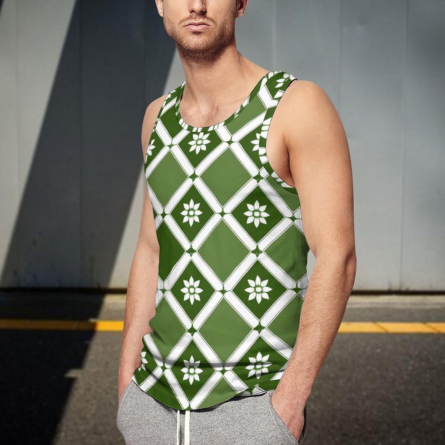 Green Argyle Men's Tank Top Sleeveless Muscle Shirts Vest Beach T Shirts for Workout Gym