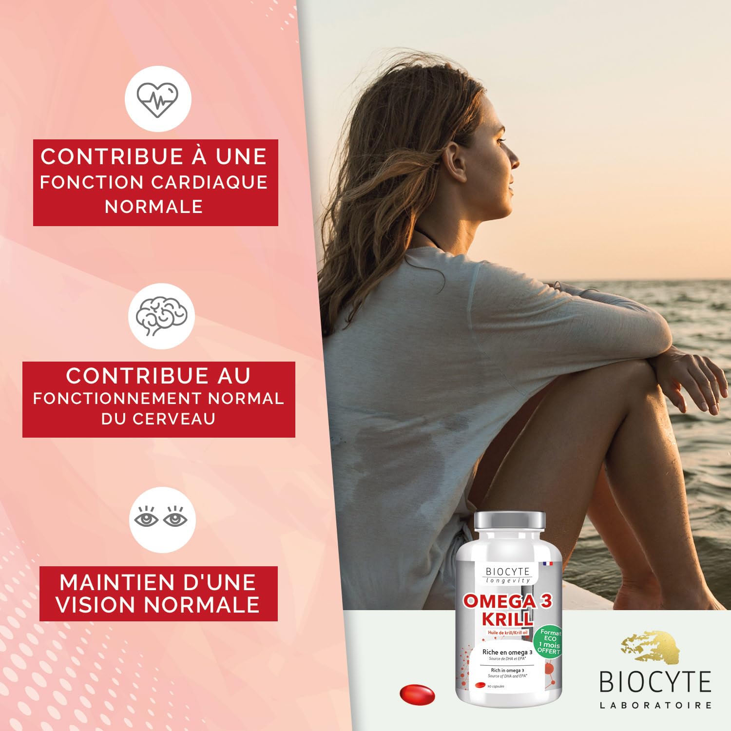 BIOCYTE Oméga 3 Krill - Vision & Fonction Cardiaque Normale - Huile de Krill, Riche En Omega 3 - Programme de 3 Mois