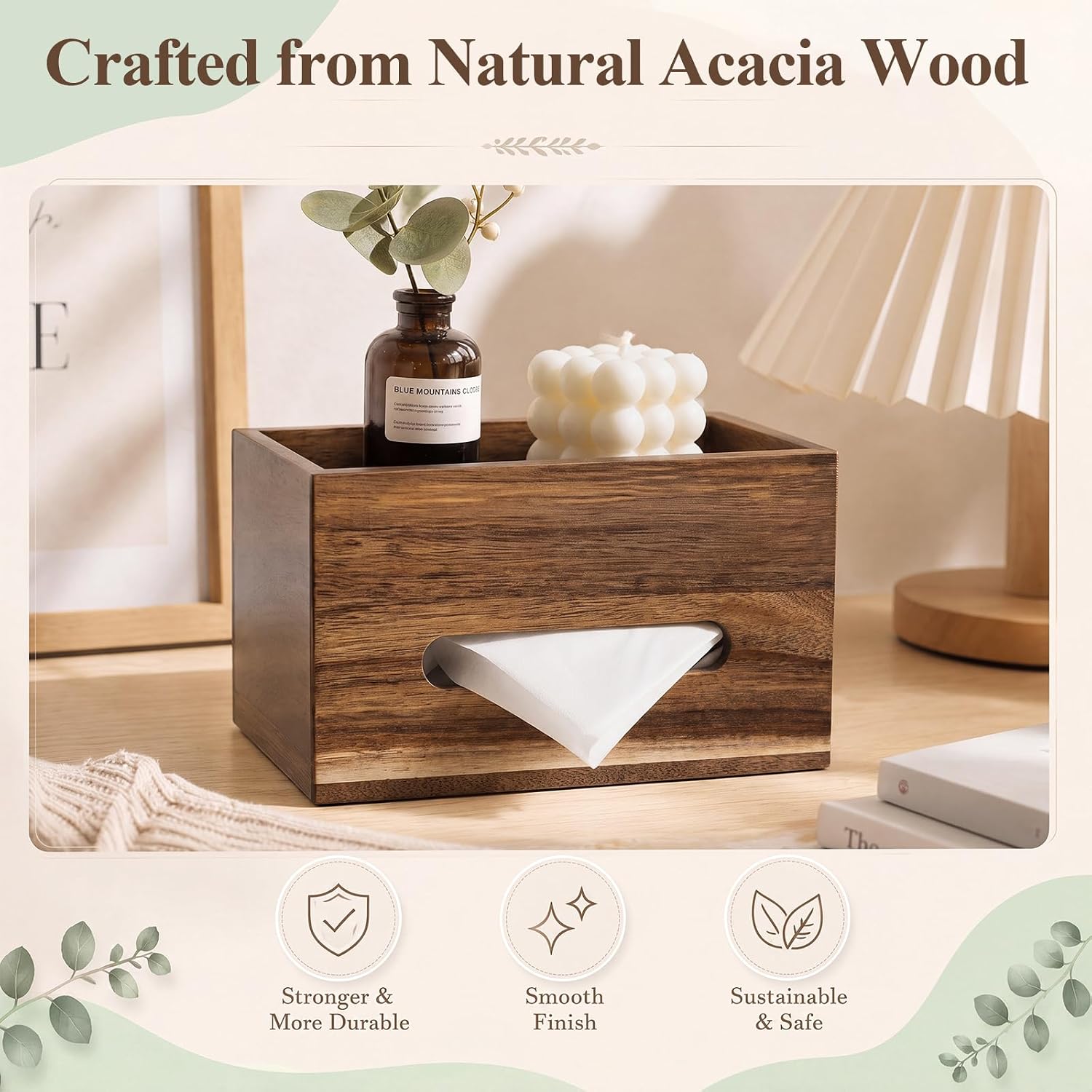 Wenqik Rectangle Wooden Tissue Box Cover with Storage Organizer, Decorative Tissue Holder Box for Bathroom, Living Room, Office Desk, Farmhouse, 9.84 x 5.5 x 5.9 Top Tray for Remote Controls, Perfume