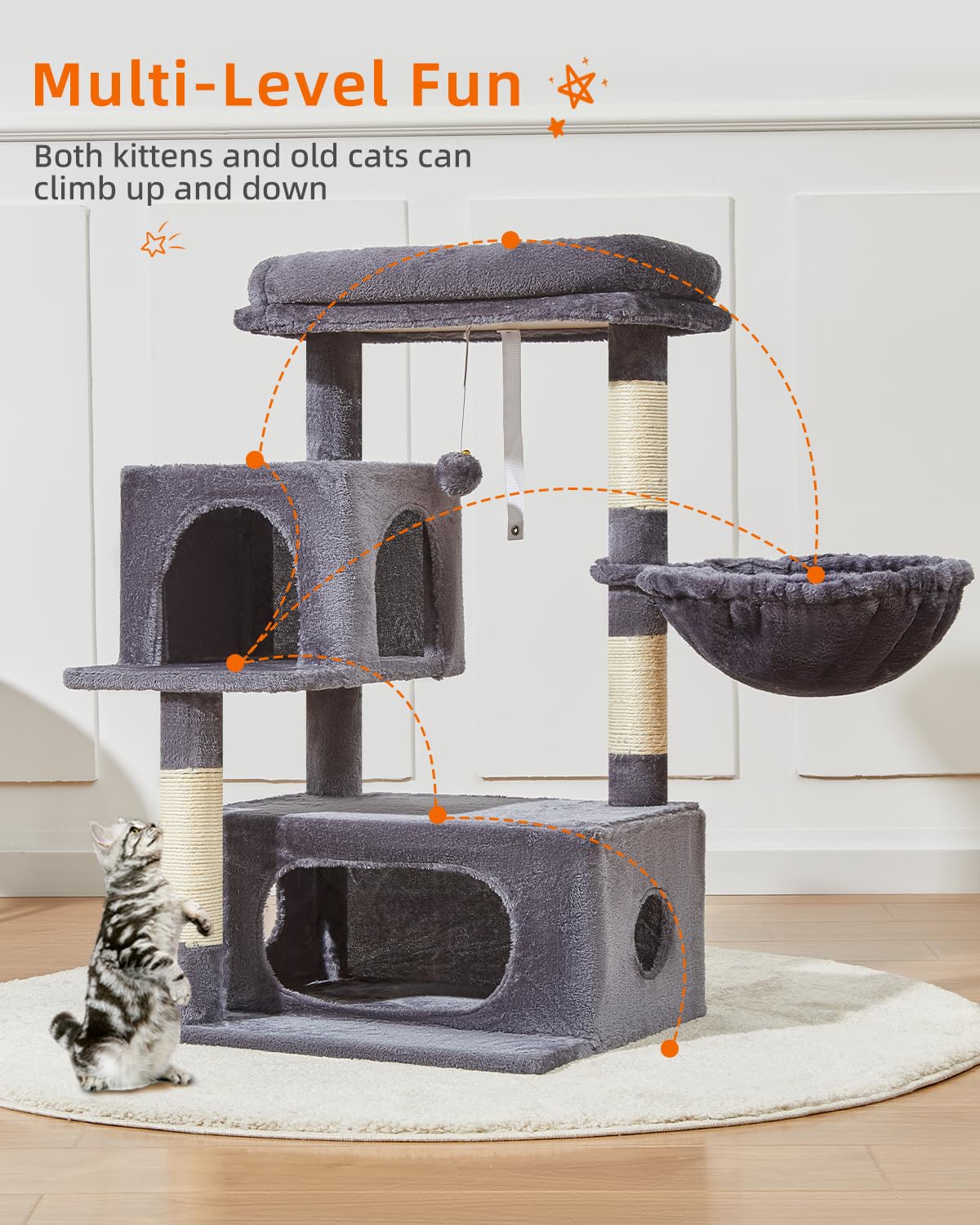 Taoqimiao 49-Inch Cat Tree Tower - Smoky Gray Cat Condo With Hanging Baskets, Perch & Scratching Posts 6 thumbnail image