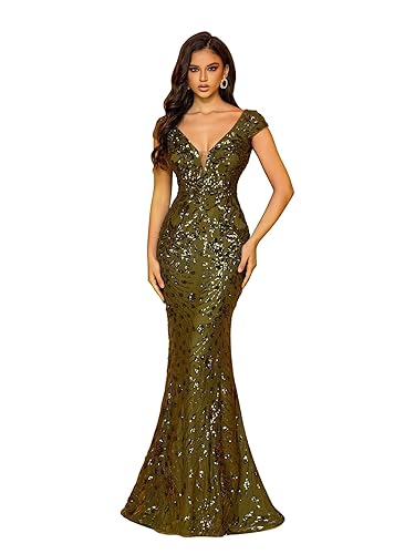 Womens Sequined Long Evening Gown Glamous Sleeveless V-Neck Mermaid Prom