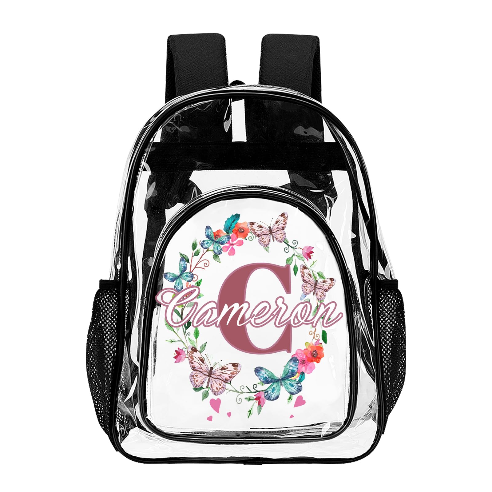 Hetano Personalized Clear School Backpack for Girls, Custom Butterfly Flower Pattern Backpacks with Last Name, TPU Waterproof Transparent Bookbag