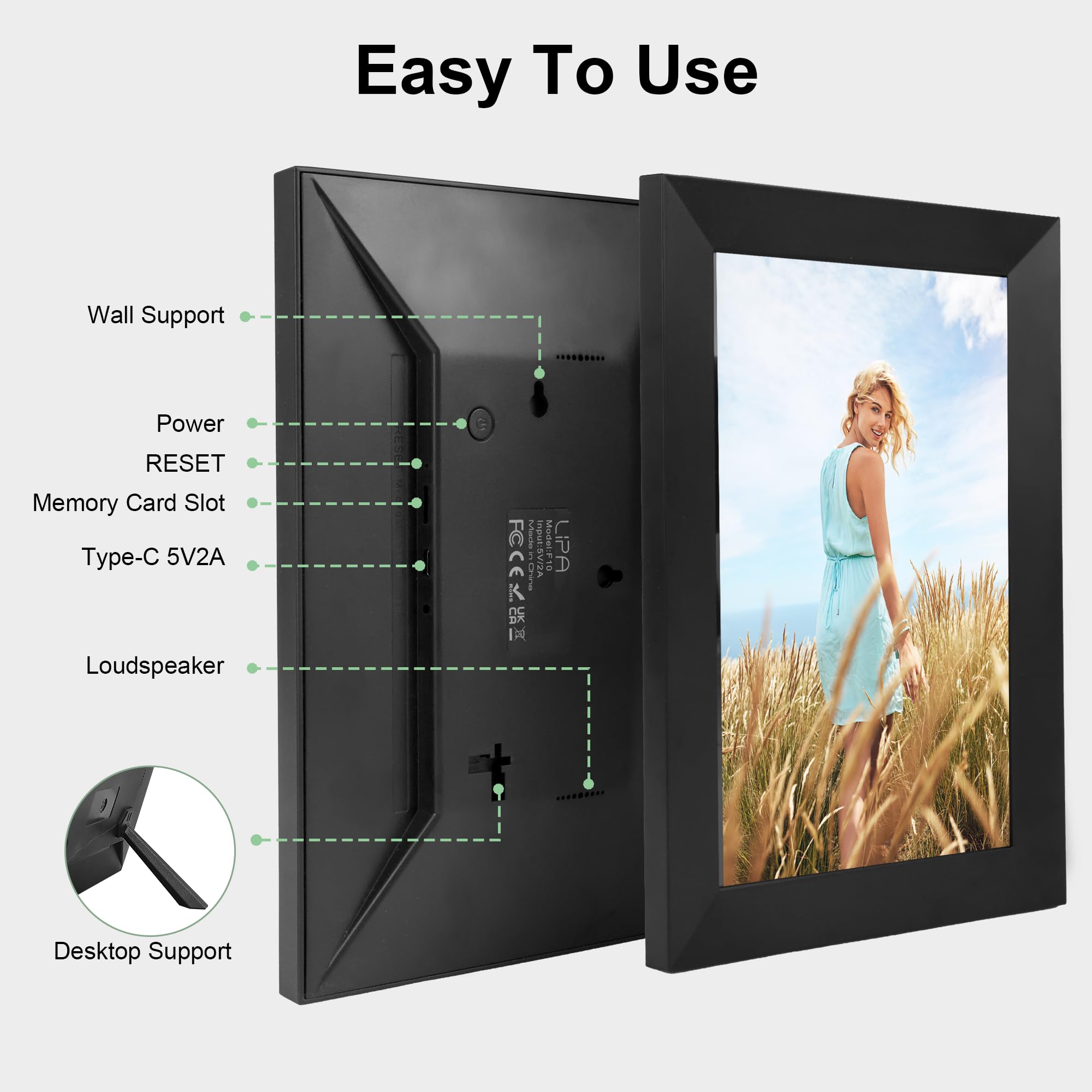 Lipa X80 Digitaler Bilderrahmen 10.1 Zoll Frameo App WLAN Android 11 IPS Touchscreen 32 GB