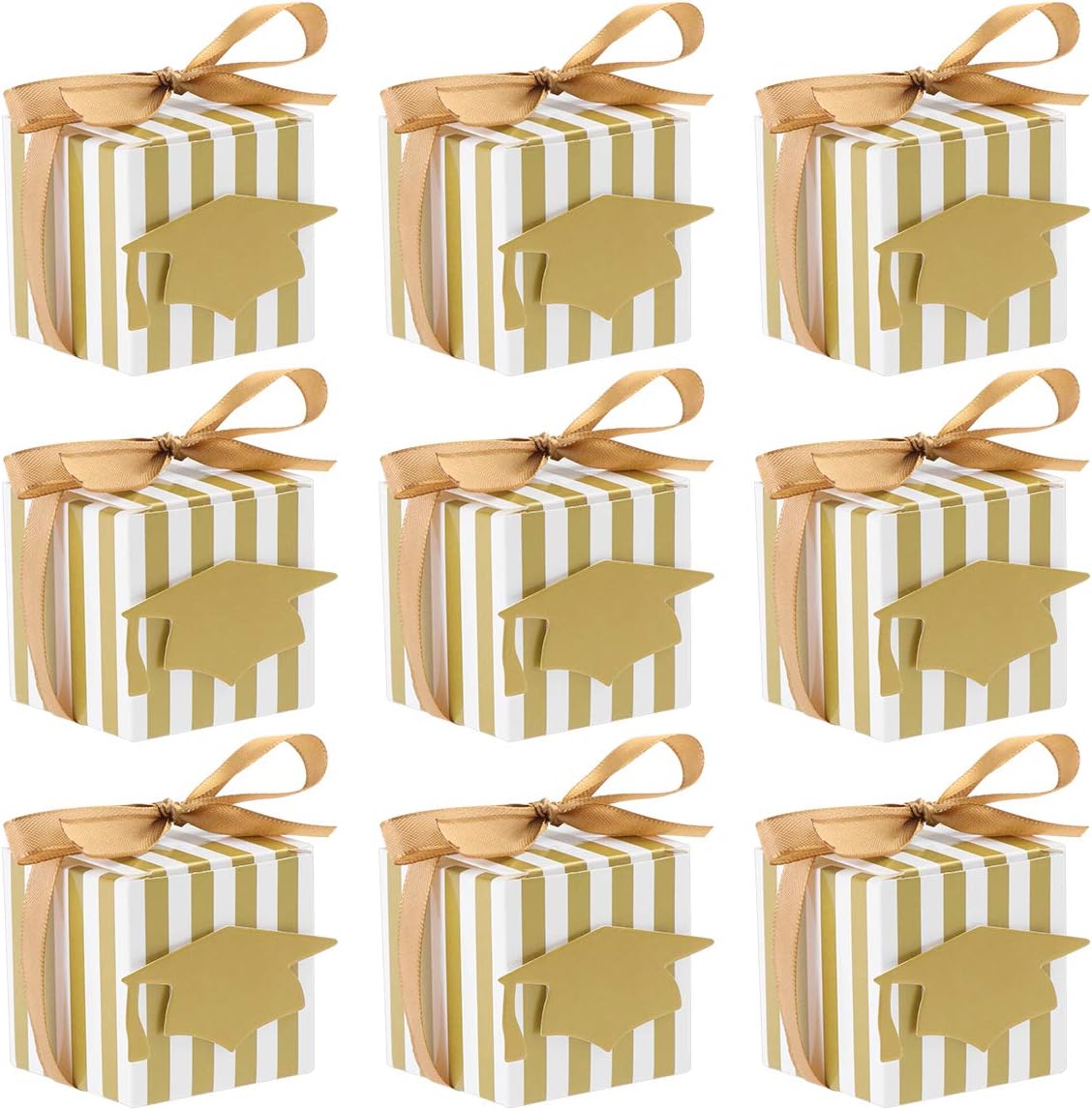 NUOLUX 50pcs Gold Stripe Gift Boxes Paper Boxes with Doctoral Cap Tag for Graduation Party Bags