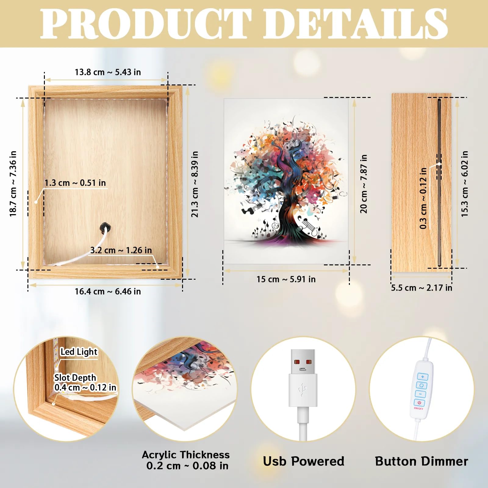 Light Up Painting, Colorful Tree Wall Art Picture Light Tree of Life Light Up Desktop Art Decor, 10 Brightness, USB Powered, 3 Lighting Modes, Anxiety Relief Gift for Bedroom Home - Without Frame