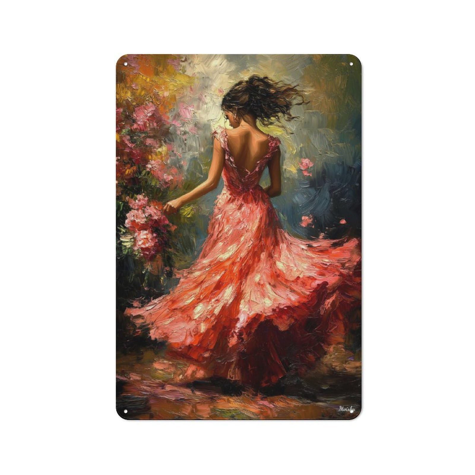 Junmoney Impressionist Inspired Elegant Woman In Flora Workshop Style L Dress Metal Wall Sign 30X20cm, Industrial Wall Art For Workshop, Basement, Shed Or Games Room