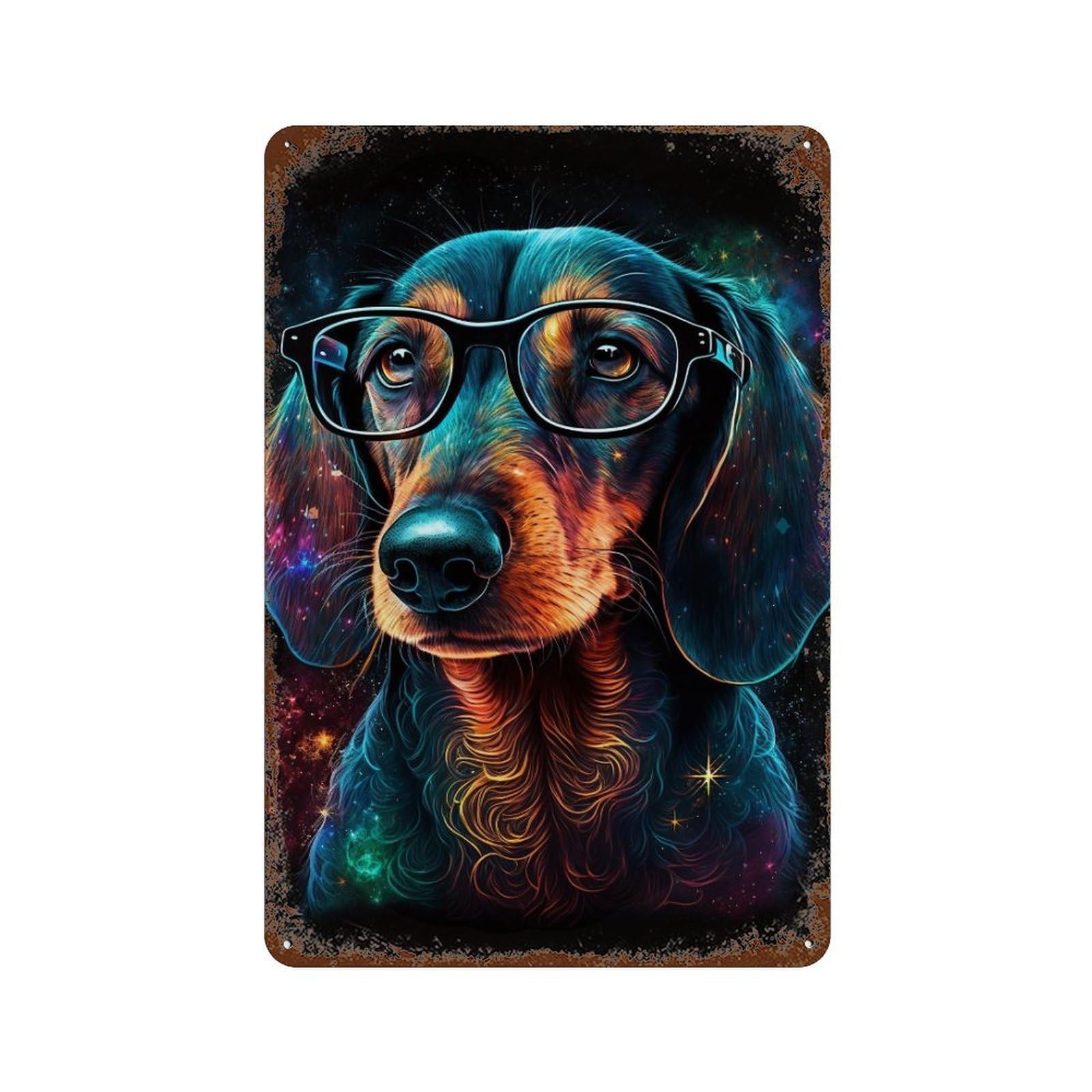 Rust Effect Cosmic Dachshund Glasses Art Print Weathered Tin Sign 11.8"x7.9", Farmhouse Wall Decor for Farmhouse, Kitchen And Entryway Decor