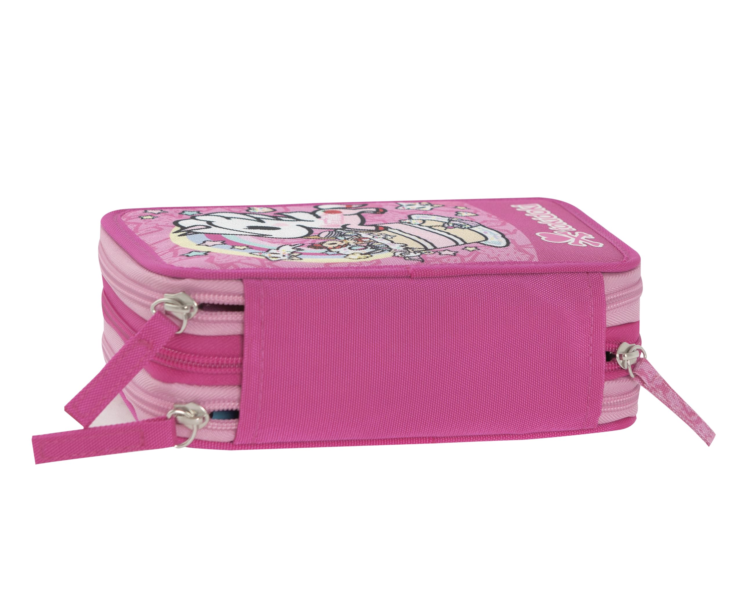 Tokidoki – Estuche escolar oficial Tokidoki, estuche con 3 compartimentos para niña y niño con juego de papelería, bolígrafo borrable azul, práctico cierre de cremallera, 20 x 13 x 7 cm, rosa,