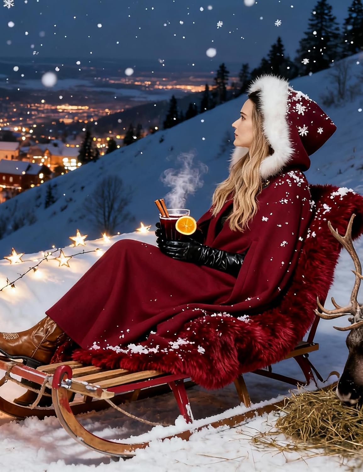 Women Renaissance Cloak Medieval Cape with Faux Fur Hooded for Halloween Cosplay - Image 6