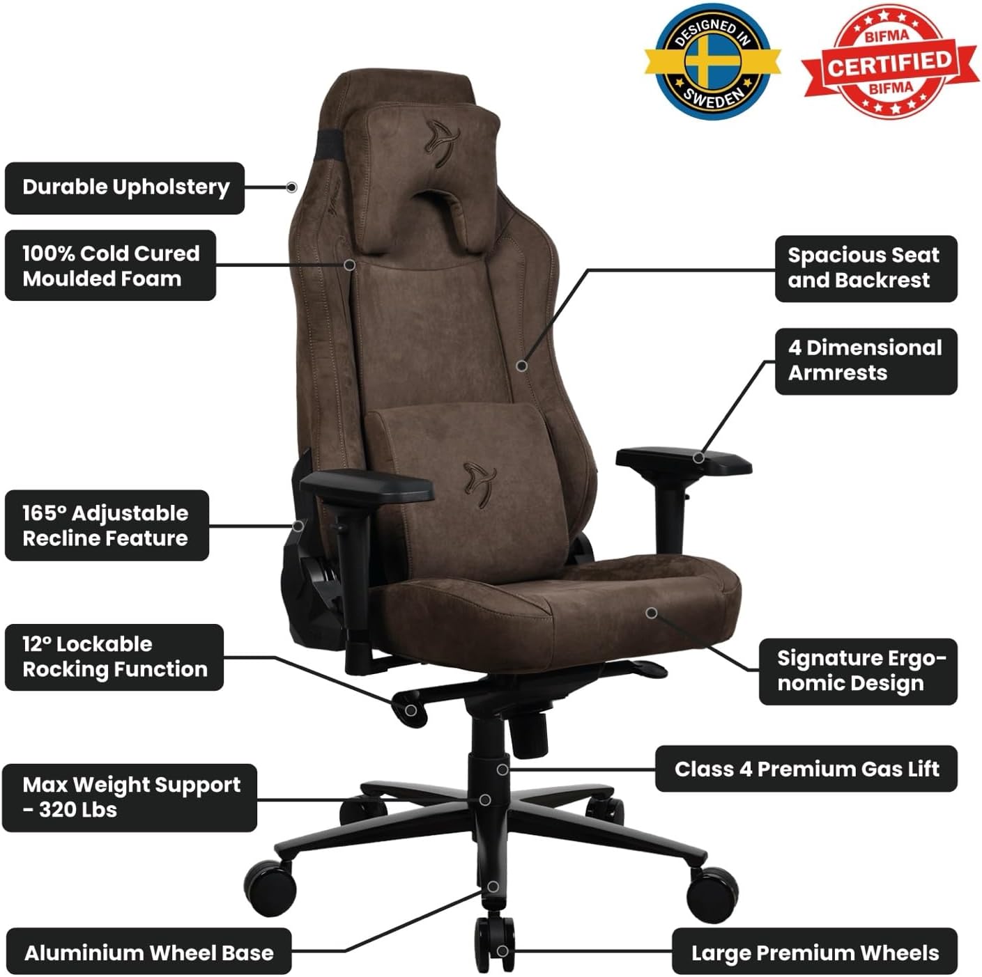 Arozzi Vernazza Supersoft Upholstery Material has a Unique Velvety Texture that is Fluid-Repellant and Breathable with Memory Foam Lumbar Support and 4D Armrest for Office and Gaming Chair - Brown