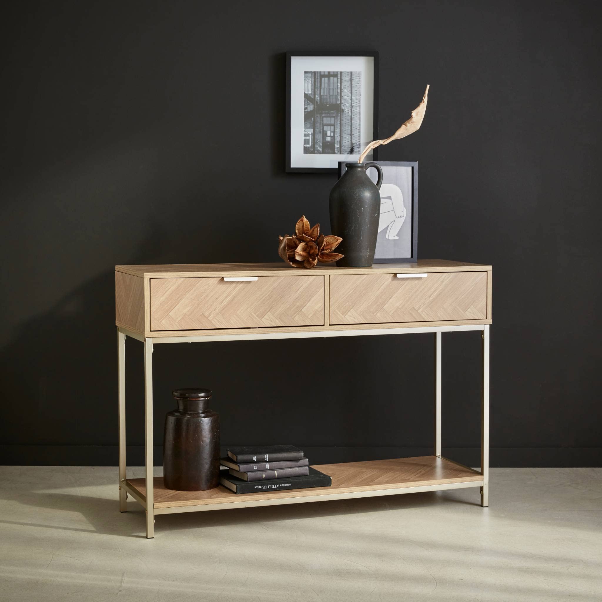 Alice's Home - Console Effet Bois décor Chevrons 2 tiroirs Naturel - Budapest
