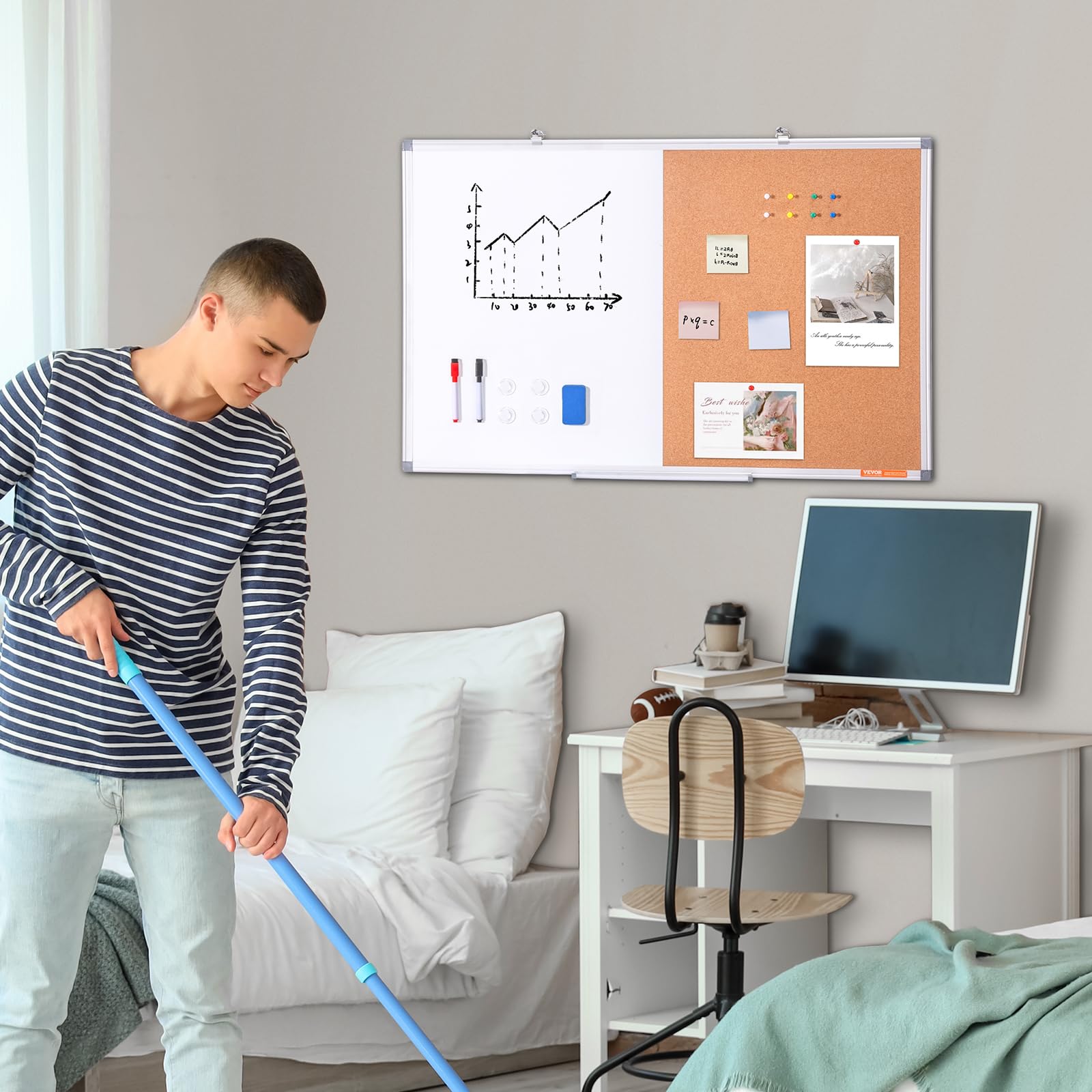 VEVOR Combo Tableau Blanc et Tableau en Liège 90x60 cm, Tableau d'Affichage Magnétique Effaçable à Sec, avec Cadre en Aluminium, Montage Mural, pour Épingler Mémo Notes Photos Bureau Maison École