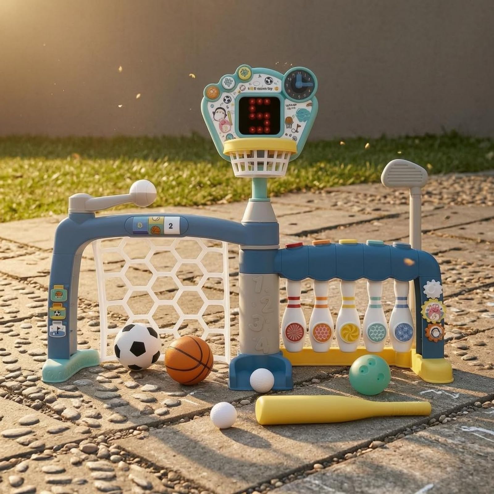 Gioco Sportivo 5 in 1 Multiattività Stazione da Basket e Base di Gioco Stabile Set Bowling Calcio per Bambini