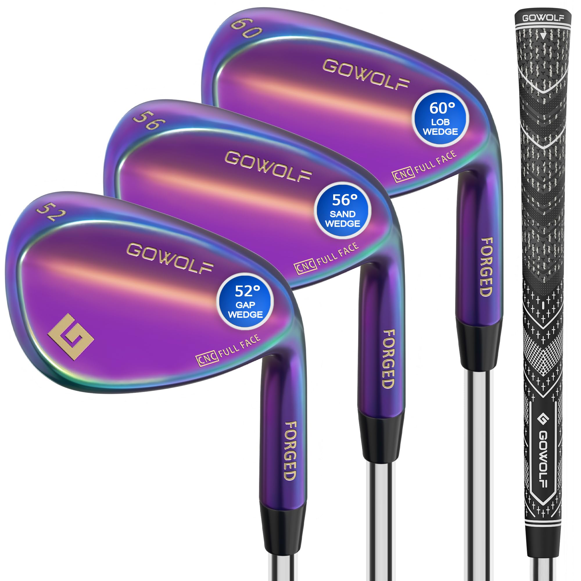 Gowolf Golf Wedges 52, 56, 60 Sets Right Hand, Forged Full Face Golf Wedge Set for Men, Premium Golf Gap Wedge Sand Wedge Lob Wedge Golf Club, Great Golf Gift - CNC Milled Face for More Spin (Rainbow) — image 1
