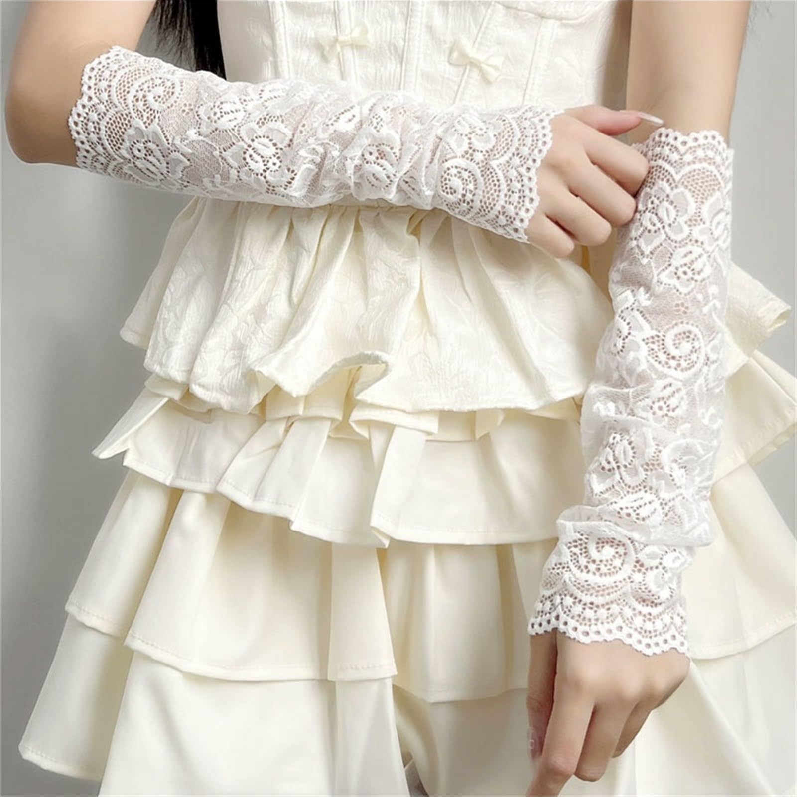 2 pares de guantes elásticos con mangas encaje y flores verano for mujer, largos elegantes sin dedos, protección solar Para Actividades Al Aire Libre Y Viajes