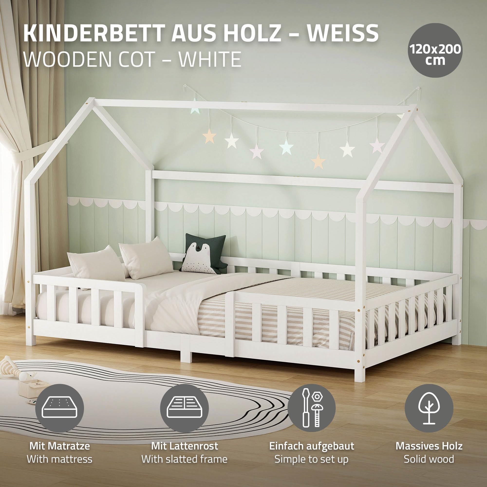 ML-Design Cama Infantil 120x200cm Blanco, con Colchón, Protección Anticaída, Techo y Somier, Listones de Madera de Maciza de Pino Lecho Doble Montessori Forma de Casa Mobiliario Juvenil, para Niños
