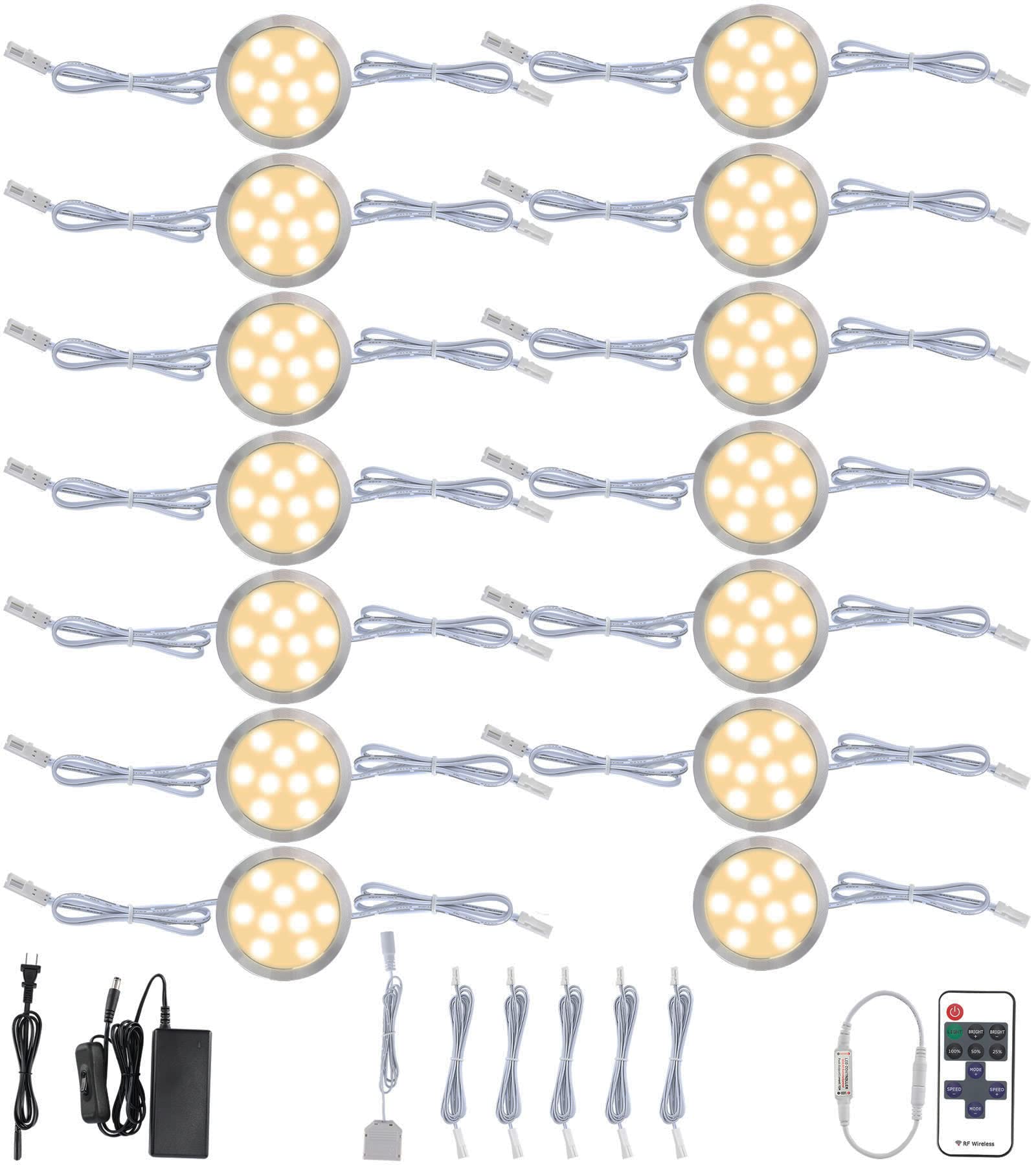 Meigour Hardwired Under Counter Puck Light, Linkable Daisy Chained Wireless Remote Control Dimmable LED Closet Lights, 110V Direct Wired Plug in Kitchen Cabinet Lighting, 14 Lights, Warm White