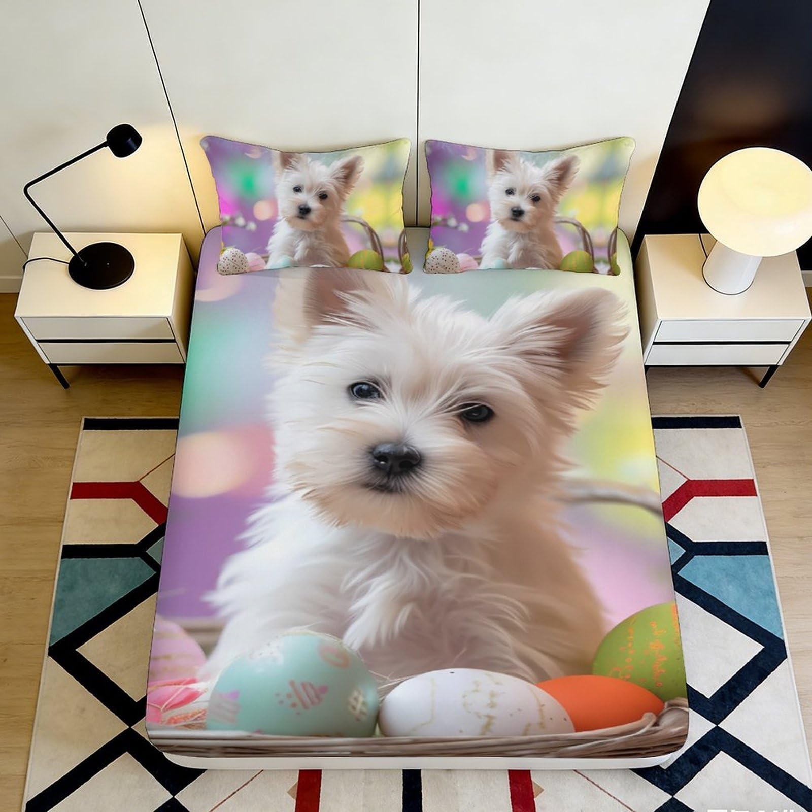 3D Printed Cute Puppy Fitted Sheet Microfiber Soft Breathable Pastel Easter Egg Mattress Cover for Bedroom Decor 90x200x25cm