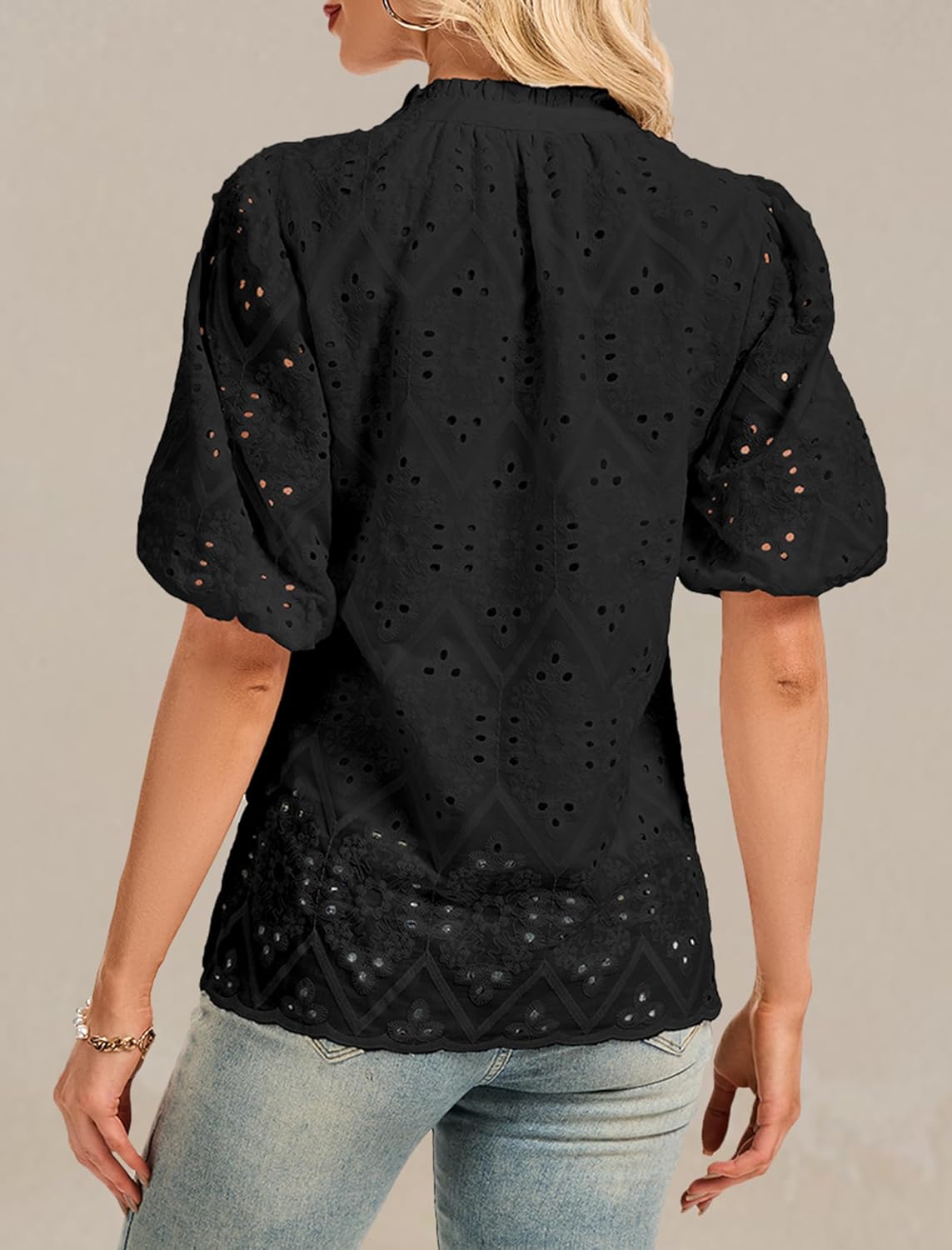 Women's V Neck Blouses Dressy Casual Puff Short Sleeve Shirts Hollow Summer Tops Business Women S-XXL - Image 3