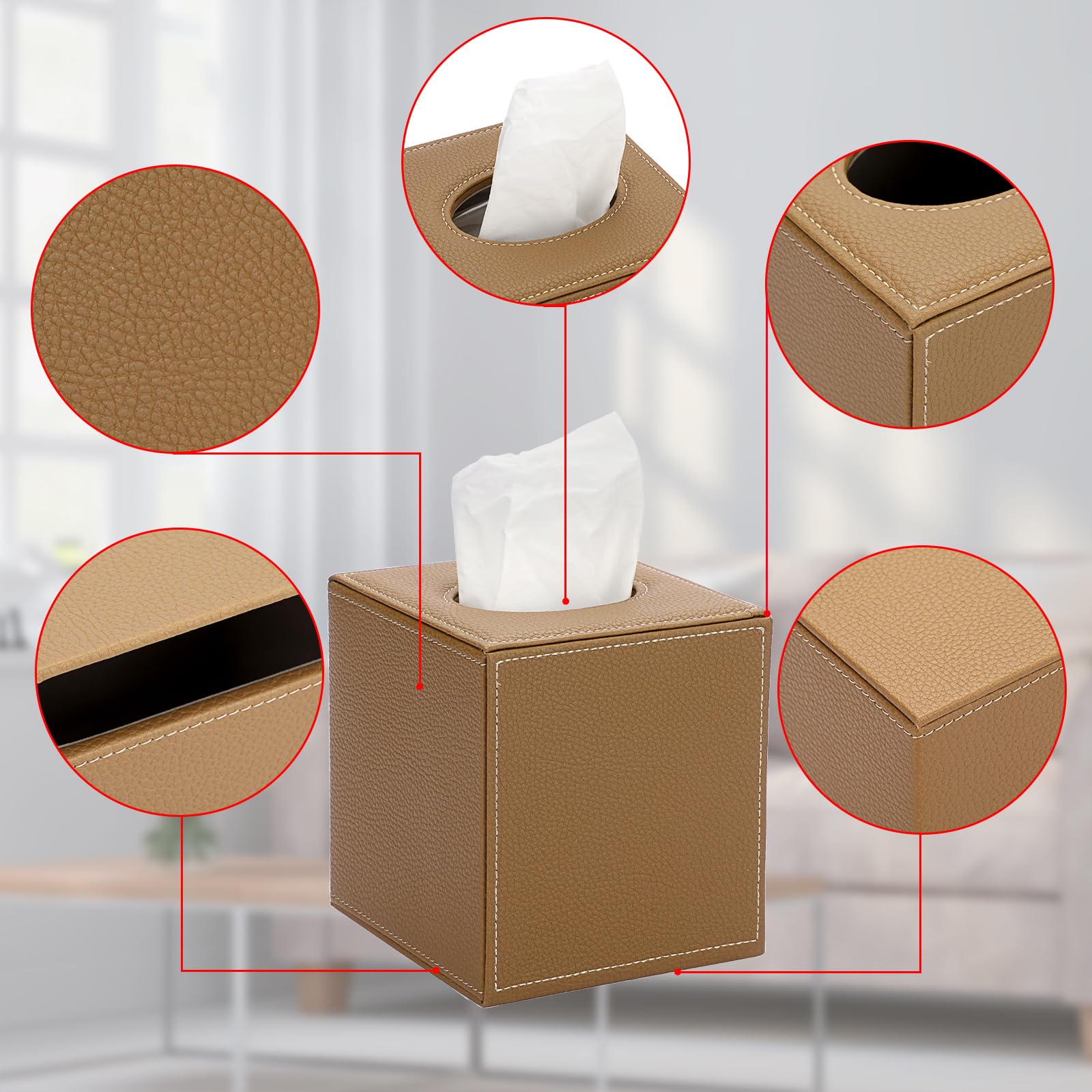 BTSKY PU Leather Squre Tissue Box Cover - Household/Office Cube Tissue Holder Box, Textured Tissue Paper Box Case Napkin Holder, Camel - Image 2