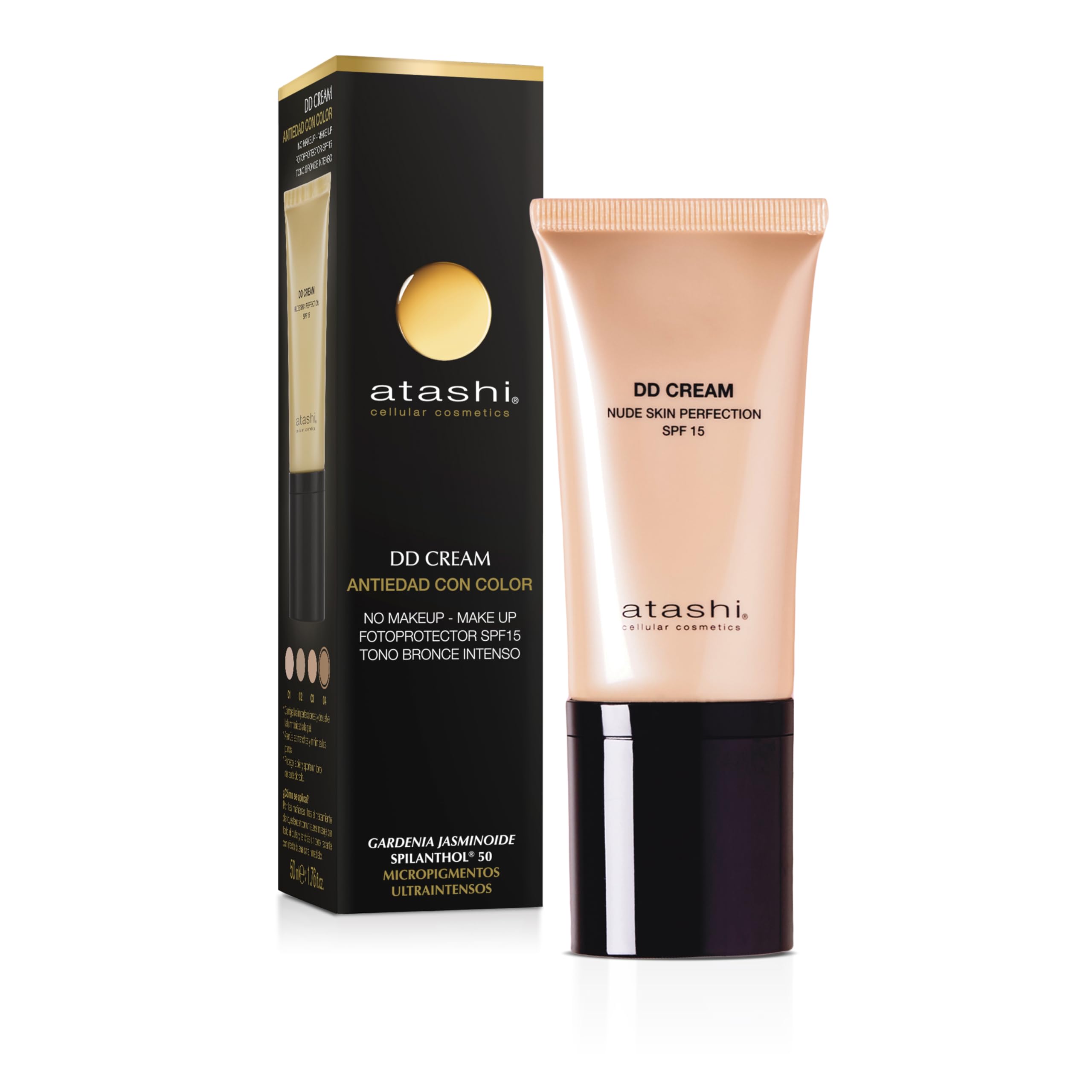 atashi DD Cream antietà. Trattamento Anti-età con Colore. No Make up – Make up. Riduce le Macchie e Minimizza i Pori. Con Retinolo. Formato Airless. SPF15-50 ml