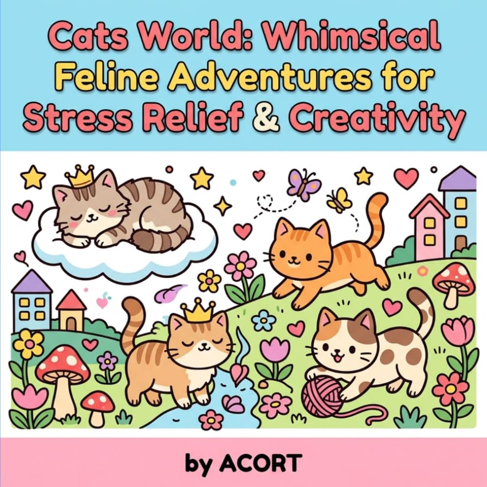 Cats World: Whimsical Feline Adventures for Stress Relief & Creativity: Intricate and Simple Cat Illustrations for All Ages – Relax, Unwind, and Color Your Way to Joy