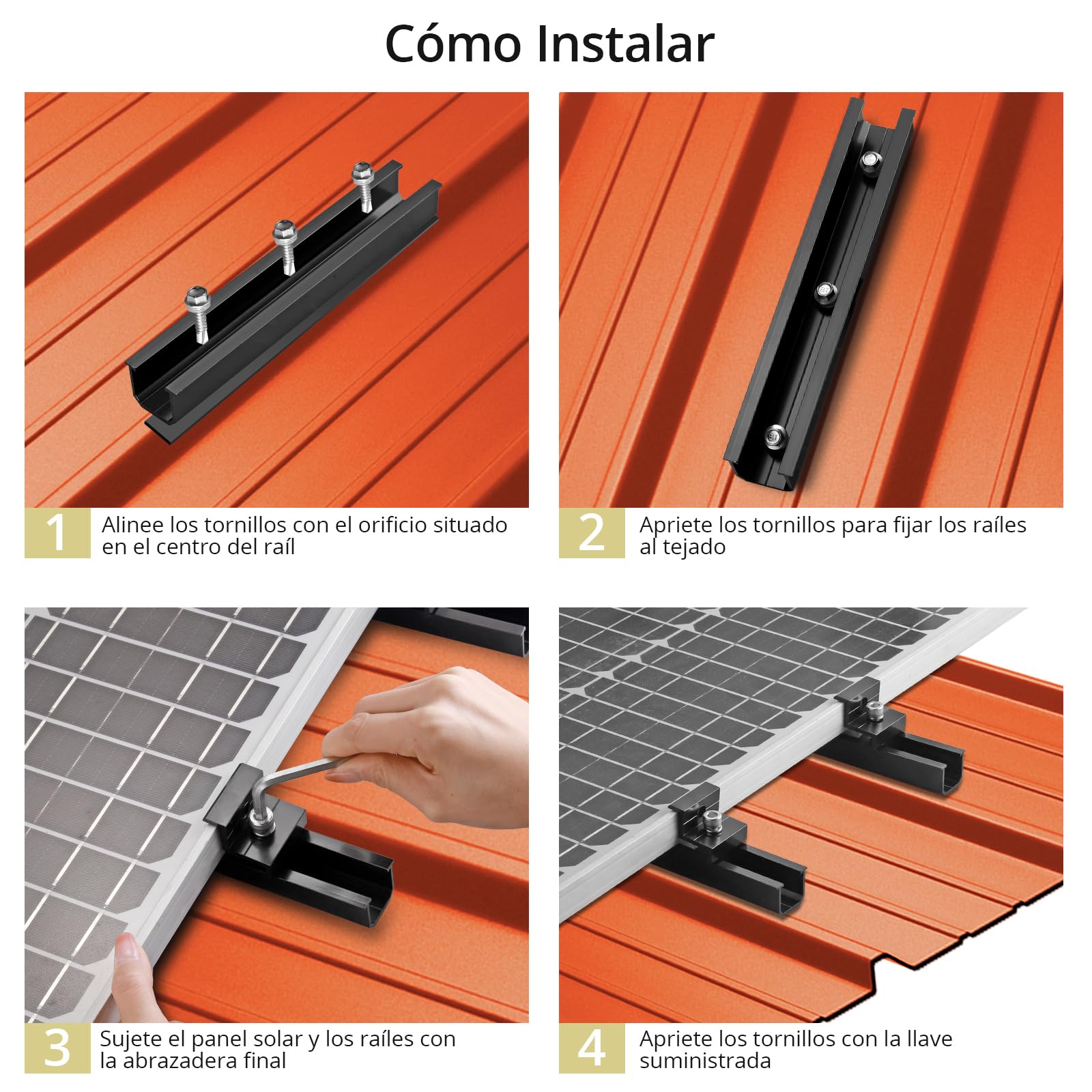 Anbte 6 Piezas Kit Soportes de Paneles Solares, 6 Rieles Perfiles de Aluminio de 200 mm, 6 Abrazaderas para Panel Solar de Z de 30 mm / 35 mm,18 Tornillos para La Instalación de Paneles Solares-Negro