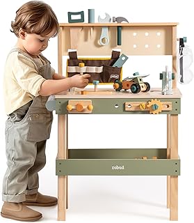 ROBUD Toddler Pretend Play Kids Workbench - Wooden Construction Toy with Tool Belt, Goggles, and Accessories for Creative Assembly - Suitable for Children Age 3+