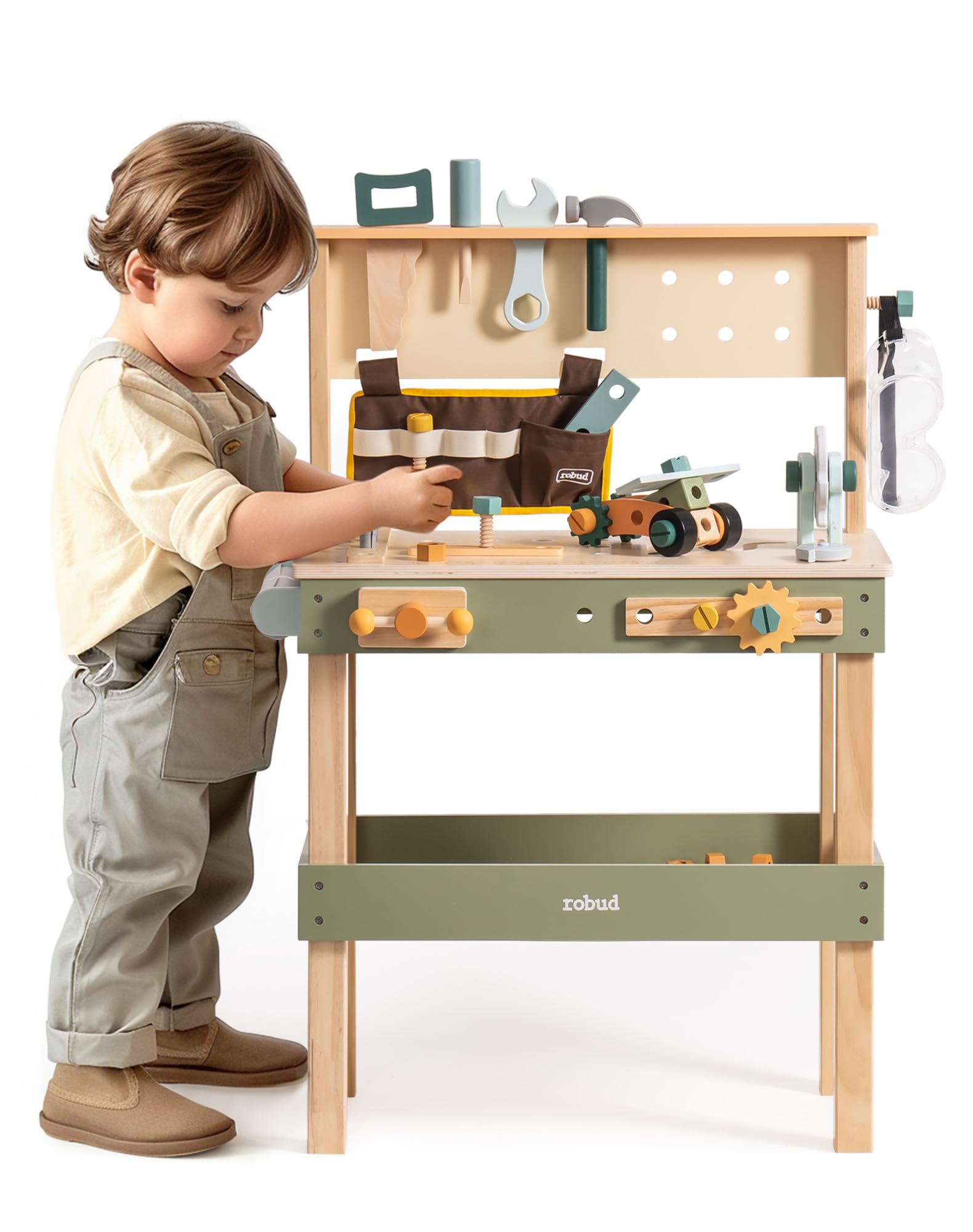 ROBUD Toddler Pretend Play Kids Workbench - Wooden Construction Toy with Tool Belt, Goggles, and Accessories for Creative Assembly - Suitable for Children Age 3+